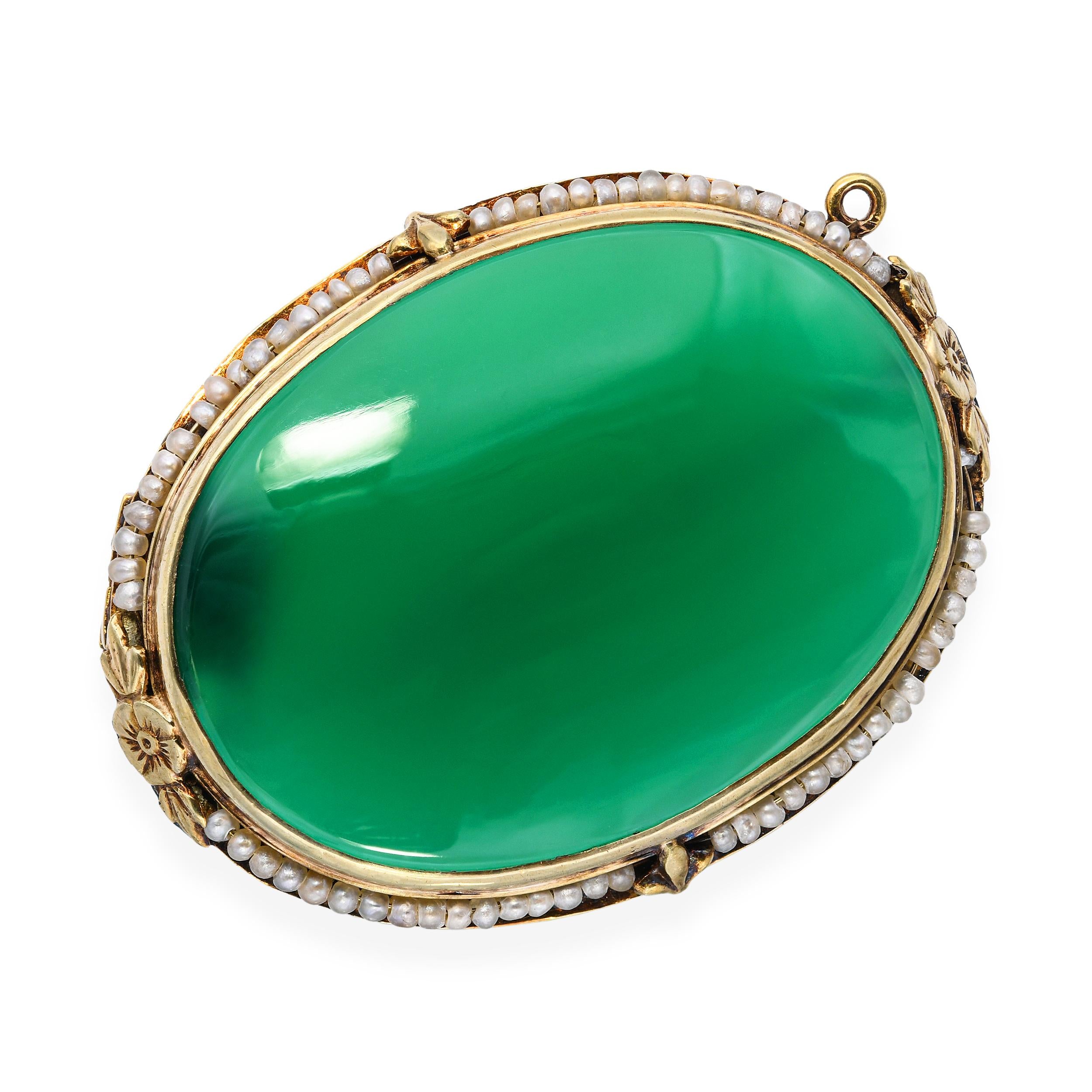 Antique Yellow Gold Chrysoprase and Seed Pearl Brooch