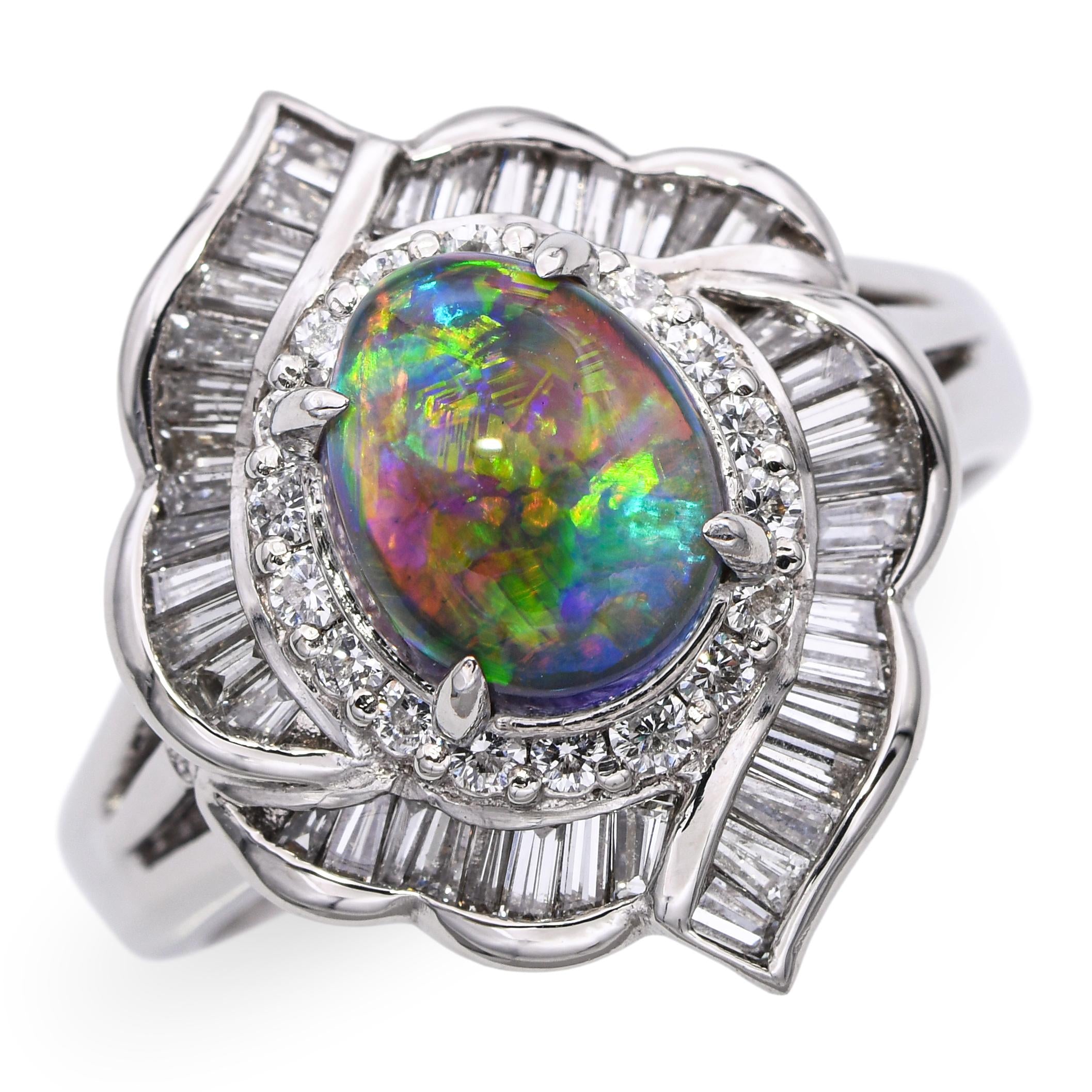Vintage Platinum 1.15ct B4 Black Crystal Opal and Diamond Statement Ring