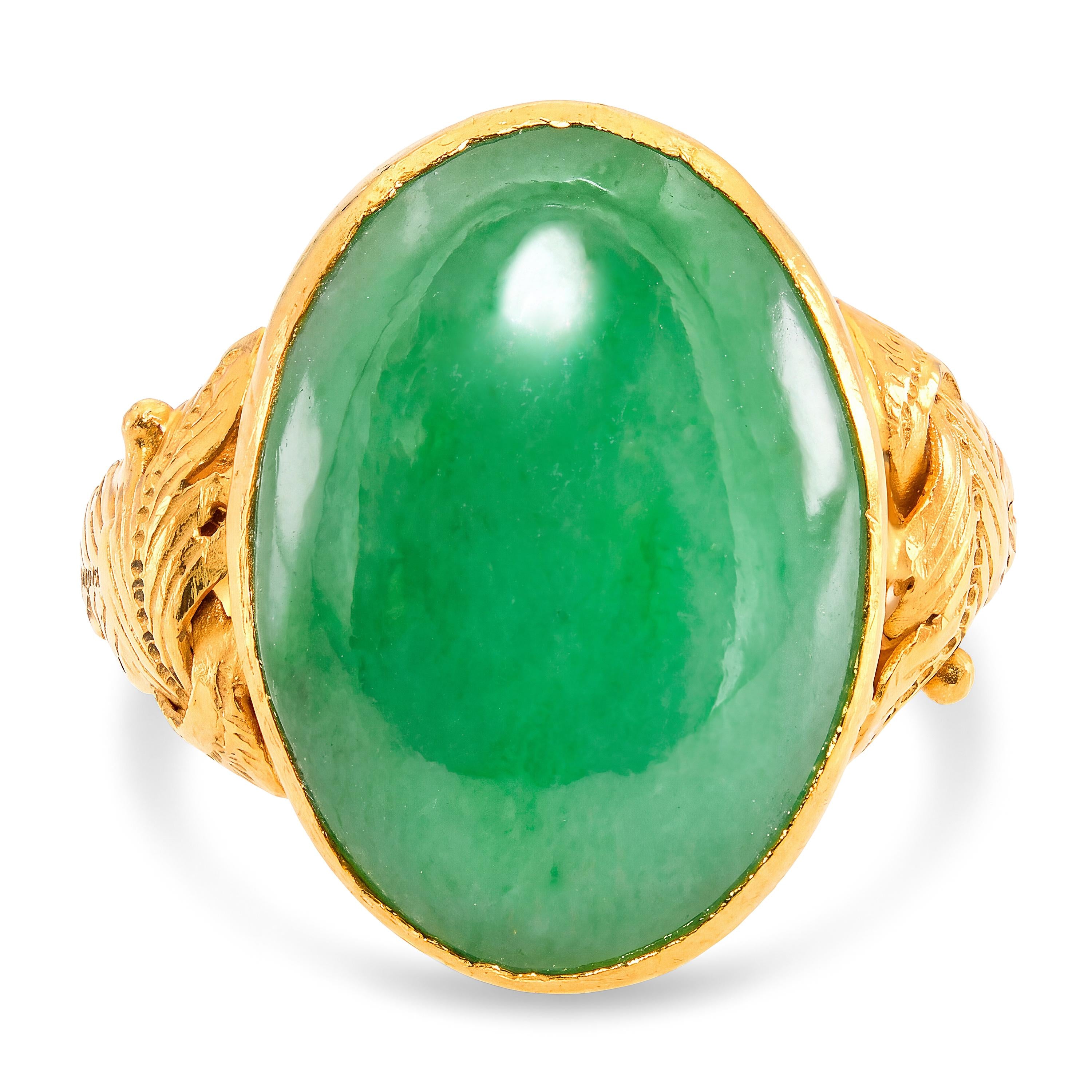 Vintage 23k Yellow Gold Jade Cabochon Floral Accented Ring