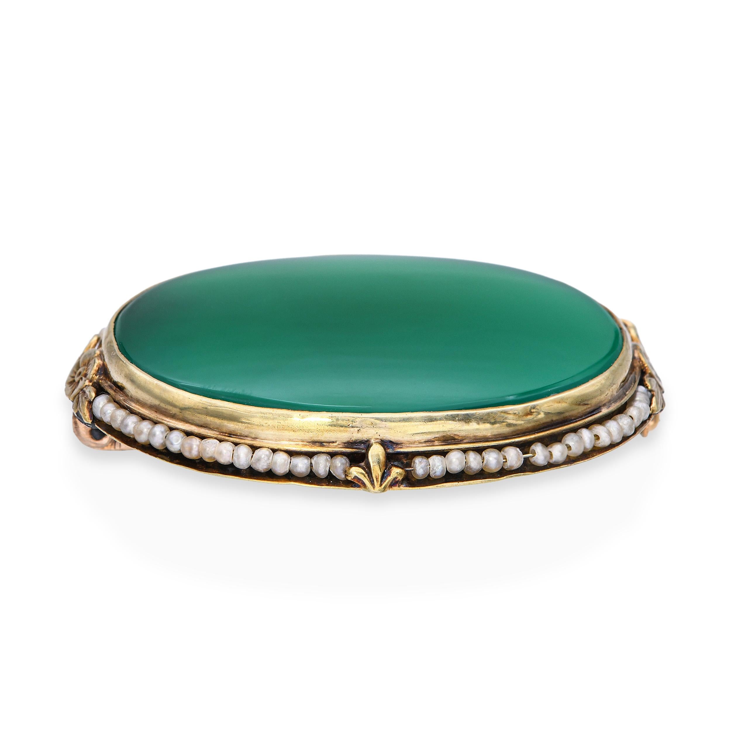 Antique Yellow Gold Chrysoprase and Seed Pearl Brooch
