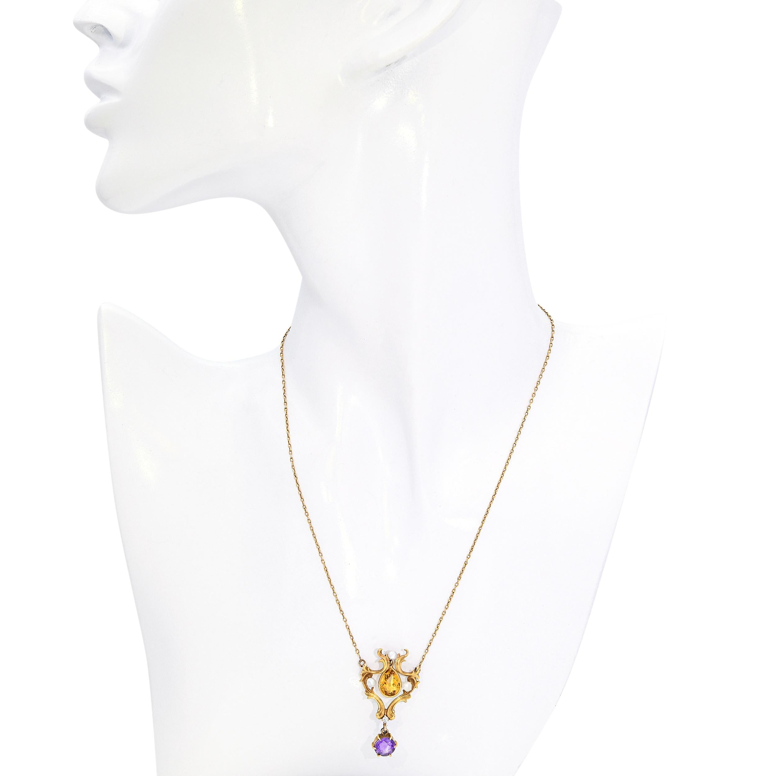 Antique Art Nouveau Yellow Gold Citrine, Amethyst, and Pearl Lavalier Necklace