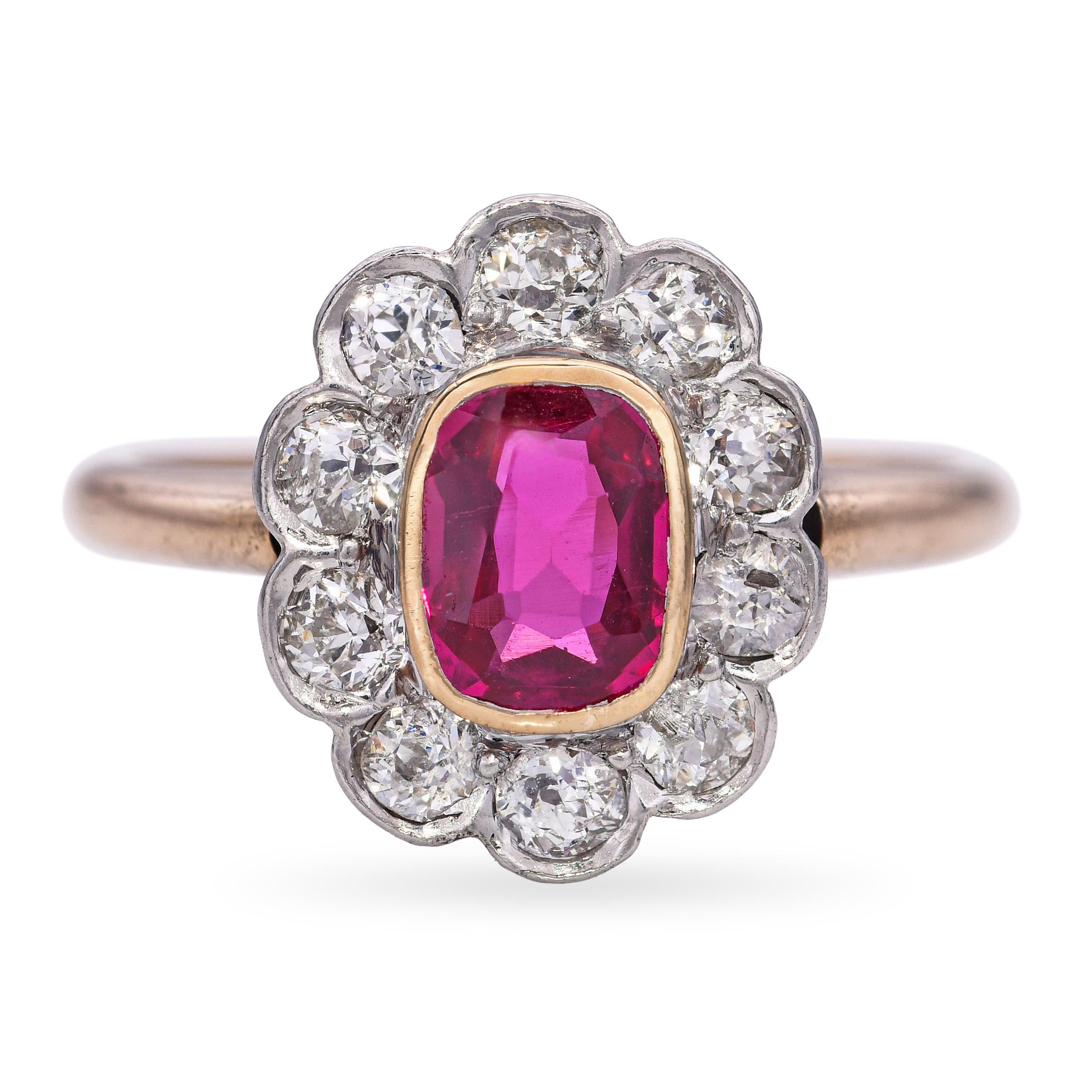 Antique 14k Yellow Gold Platinum Top 0.51ct Ruby and Diamond Halo Ring