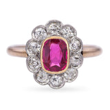 Antique 14k Yellow Gold Platinum Top 0.51ct Ruby and Diamond Halo Ring