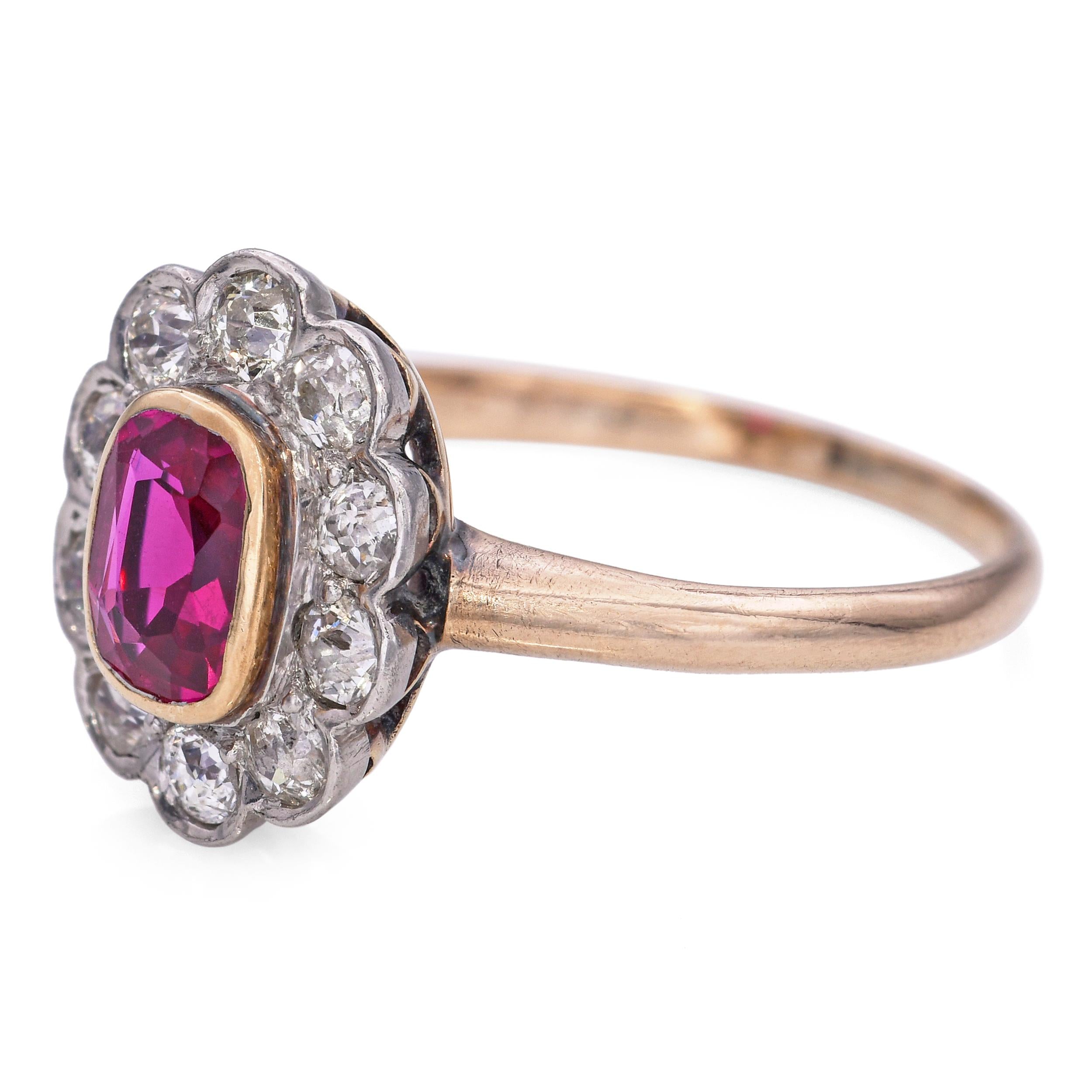 Antique 14k Yellow Gold Platinum Top 0.51ct Ruby and Diamond Halo Ring