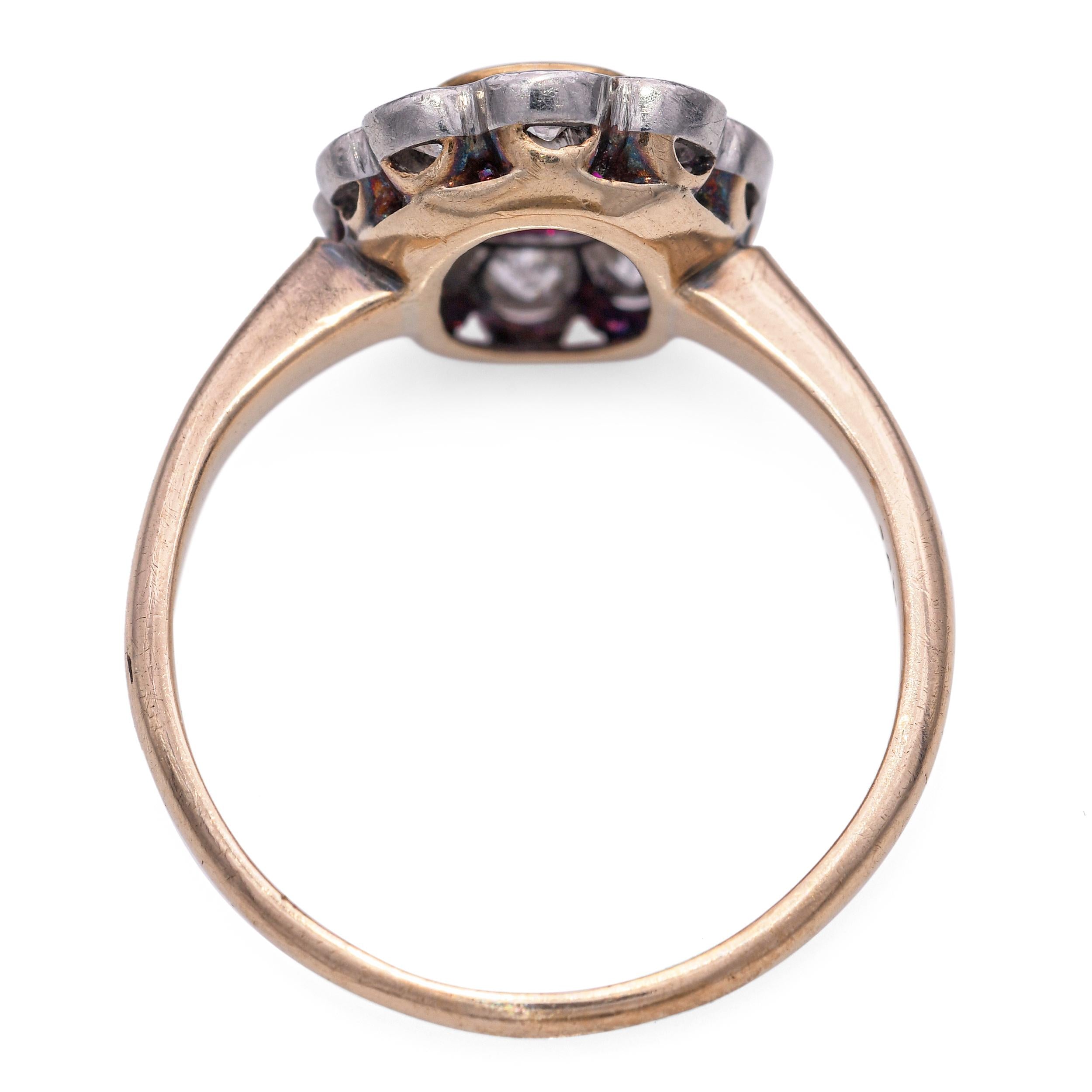 Antique 14k Yellow Gold Platinum Top 0.51ct Ruby and Diamond Halo Ring