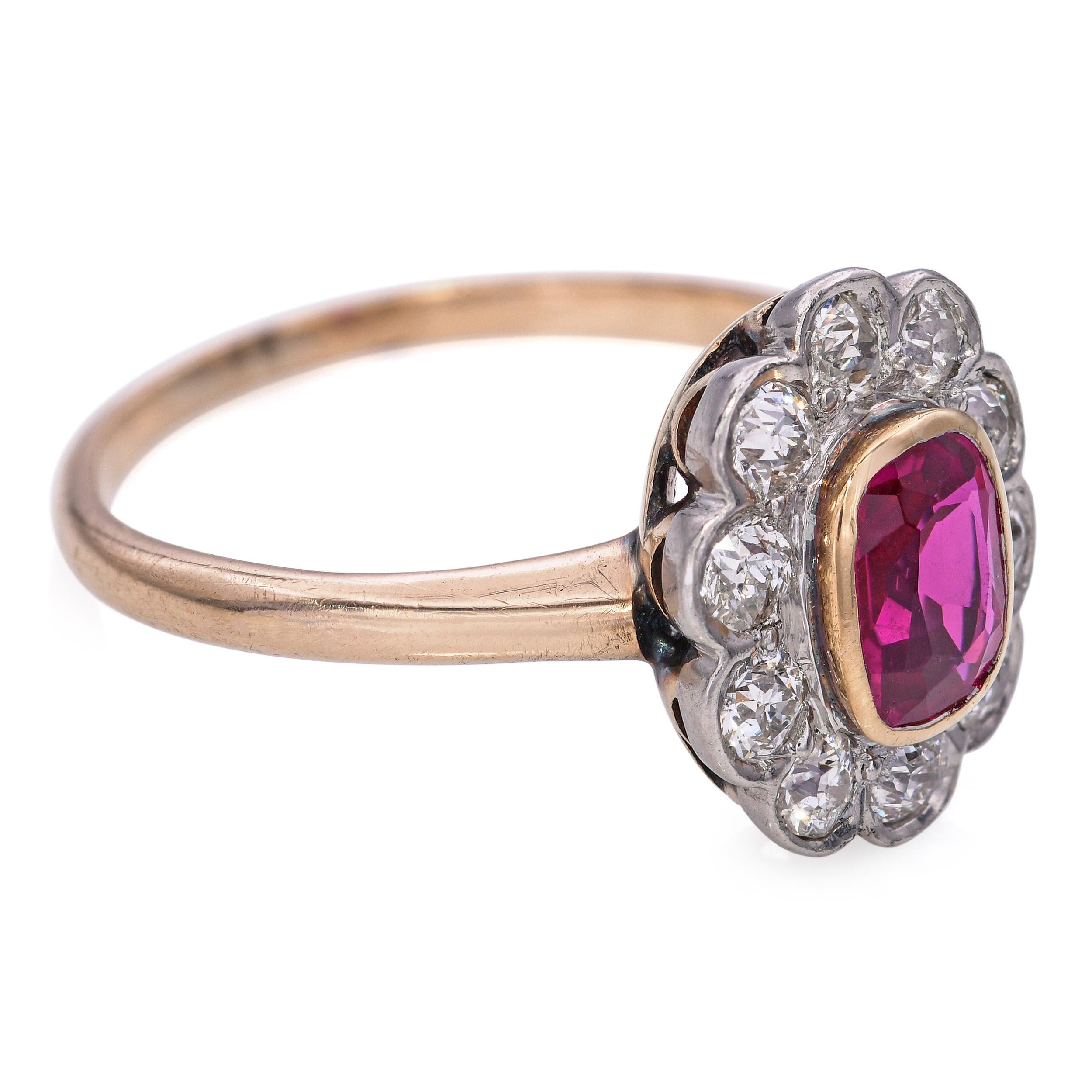 Antique 14k Yellow Gold Platinum Top 0.51ct Ruby and Diamond Halo Ring