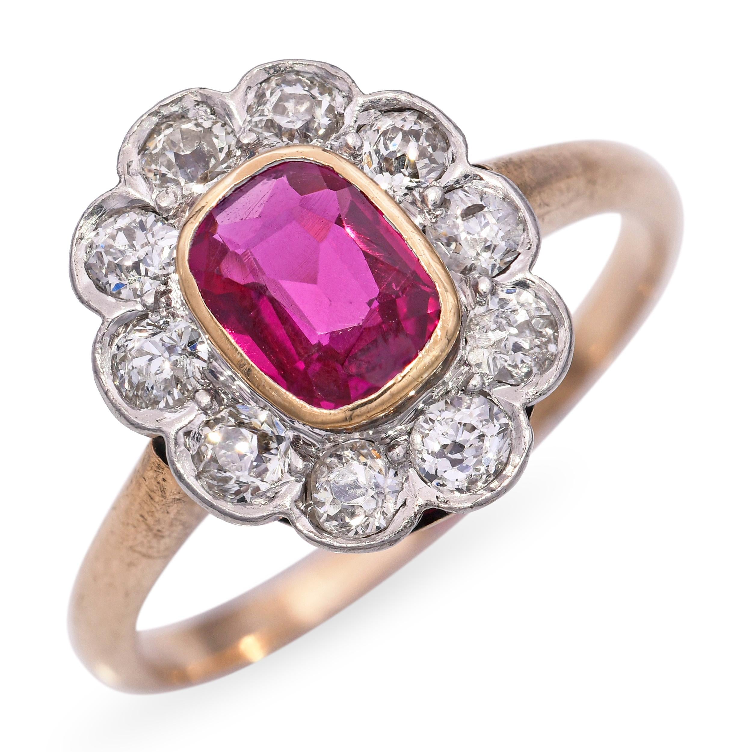 Antique 14k Yellow Gold Platinum Top 0.51ct Ruby and Diamond Halo Ring