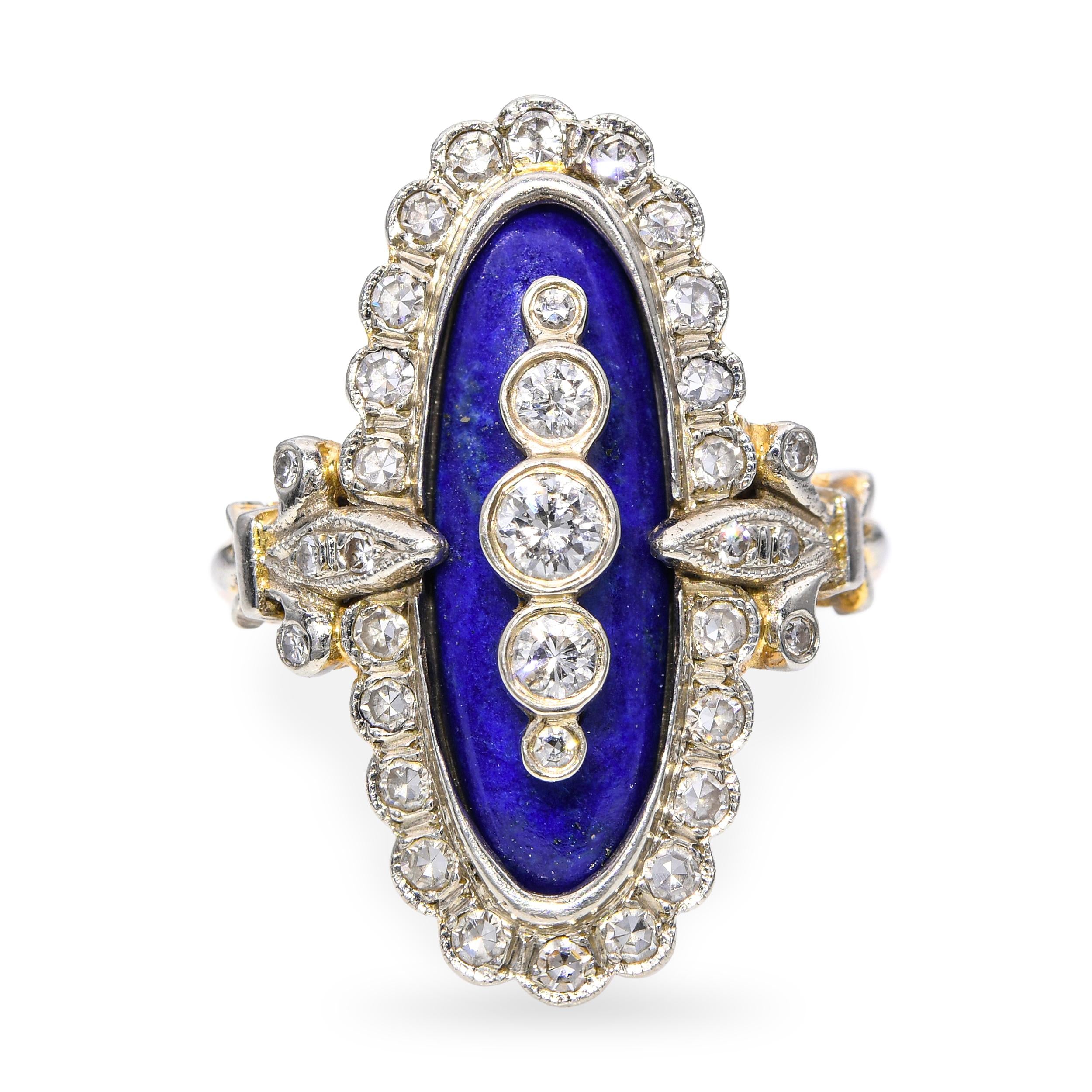 Vintage 14k Yellow Gold Lapis Lazuli and 1.35ctw Diamond Navette Ring