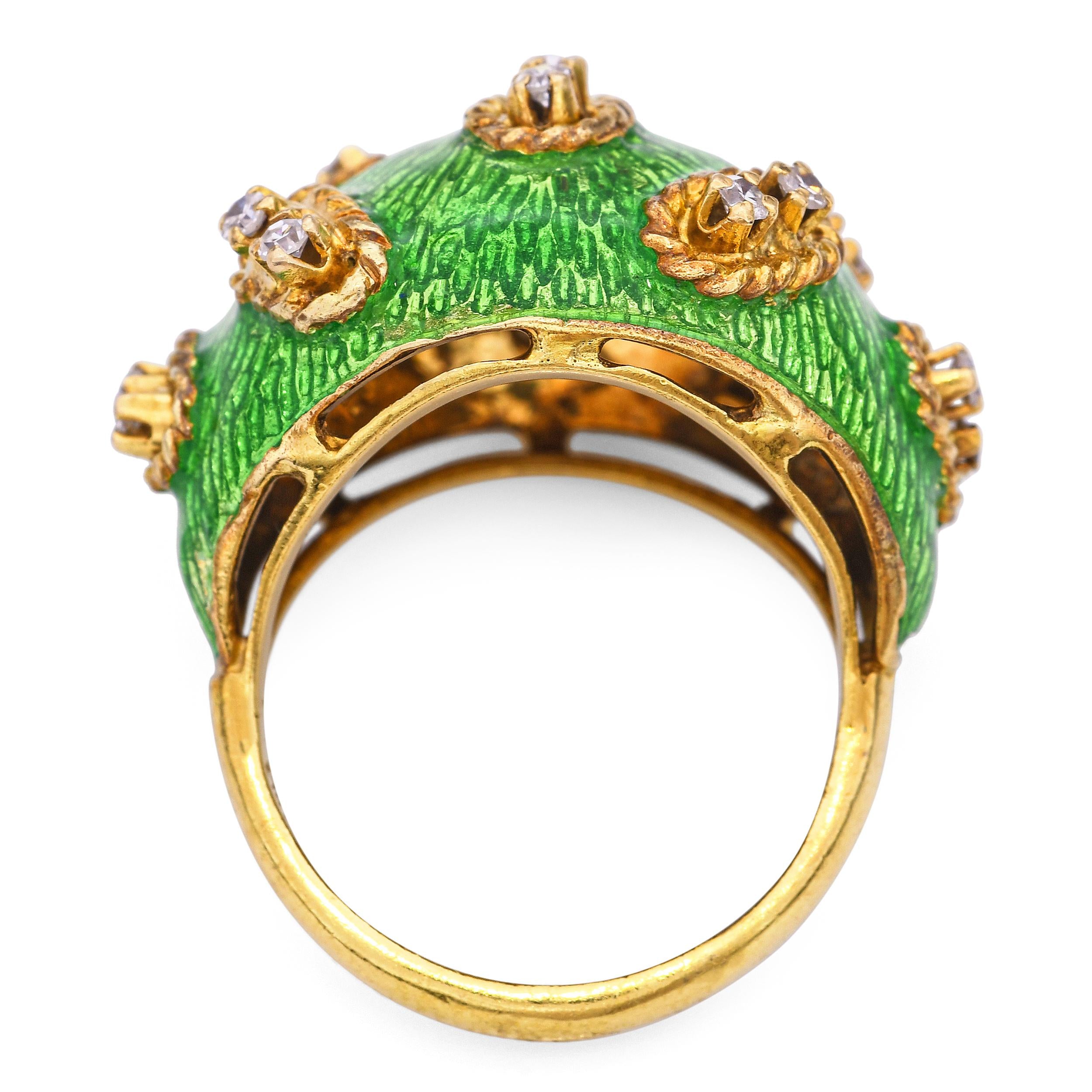 Vintage 18k Diamond and Guilloche Enamel Dome Ring