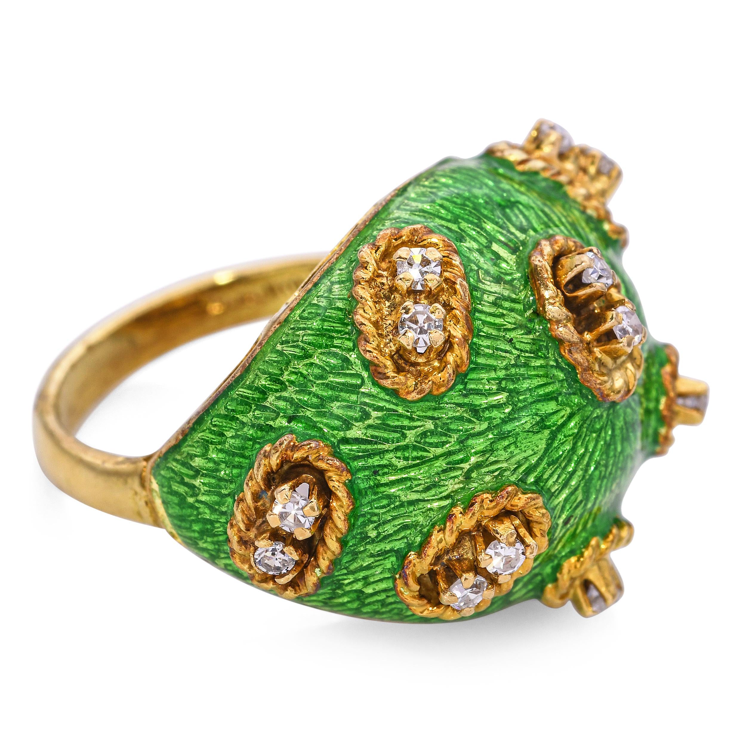 Vintage 18k Diamond and Guilloche Enamel Dome Ring