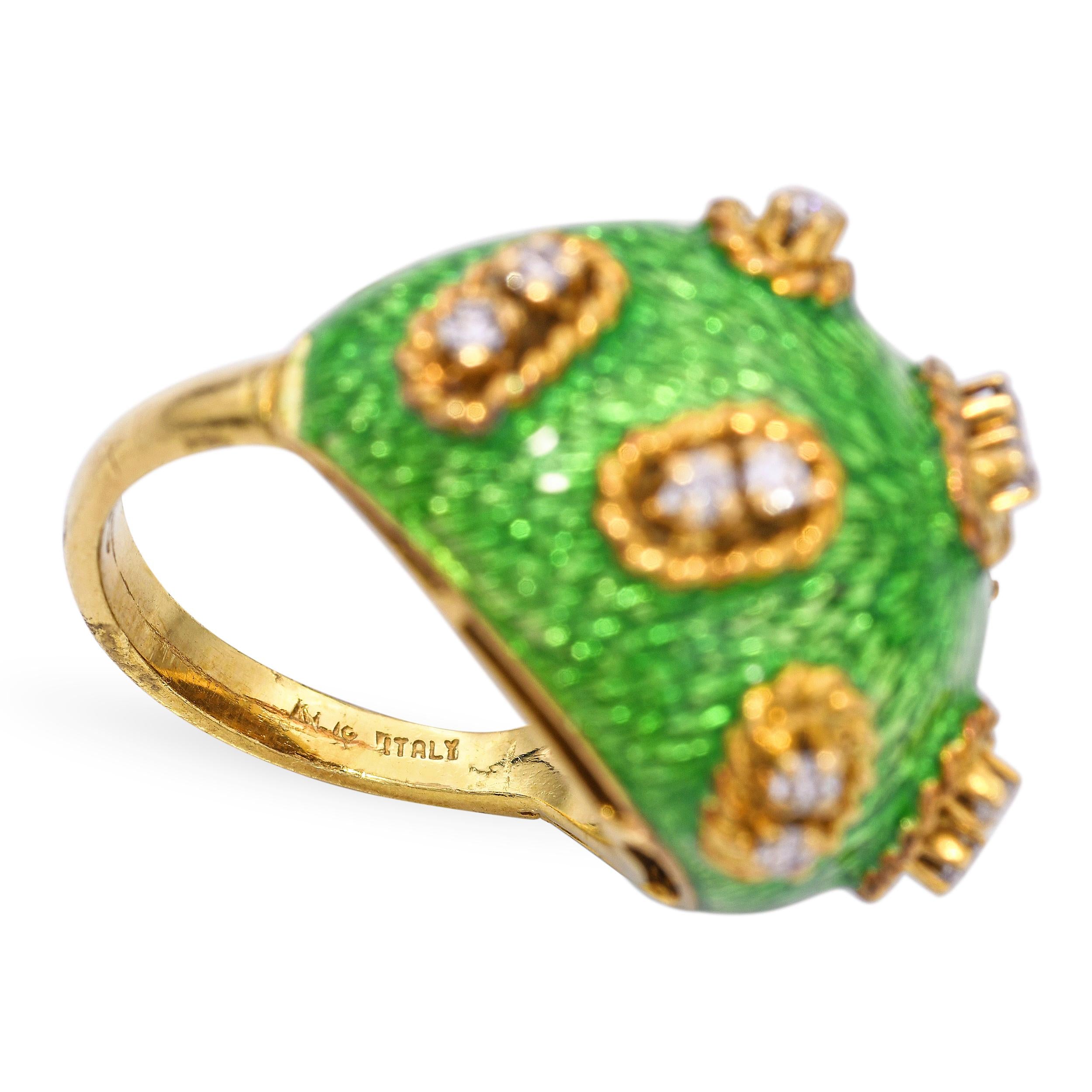 Vintage 18k Diamond and Guilloche Enamel Dome Ring