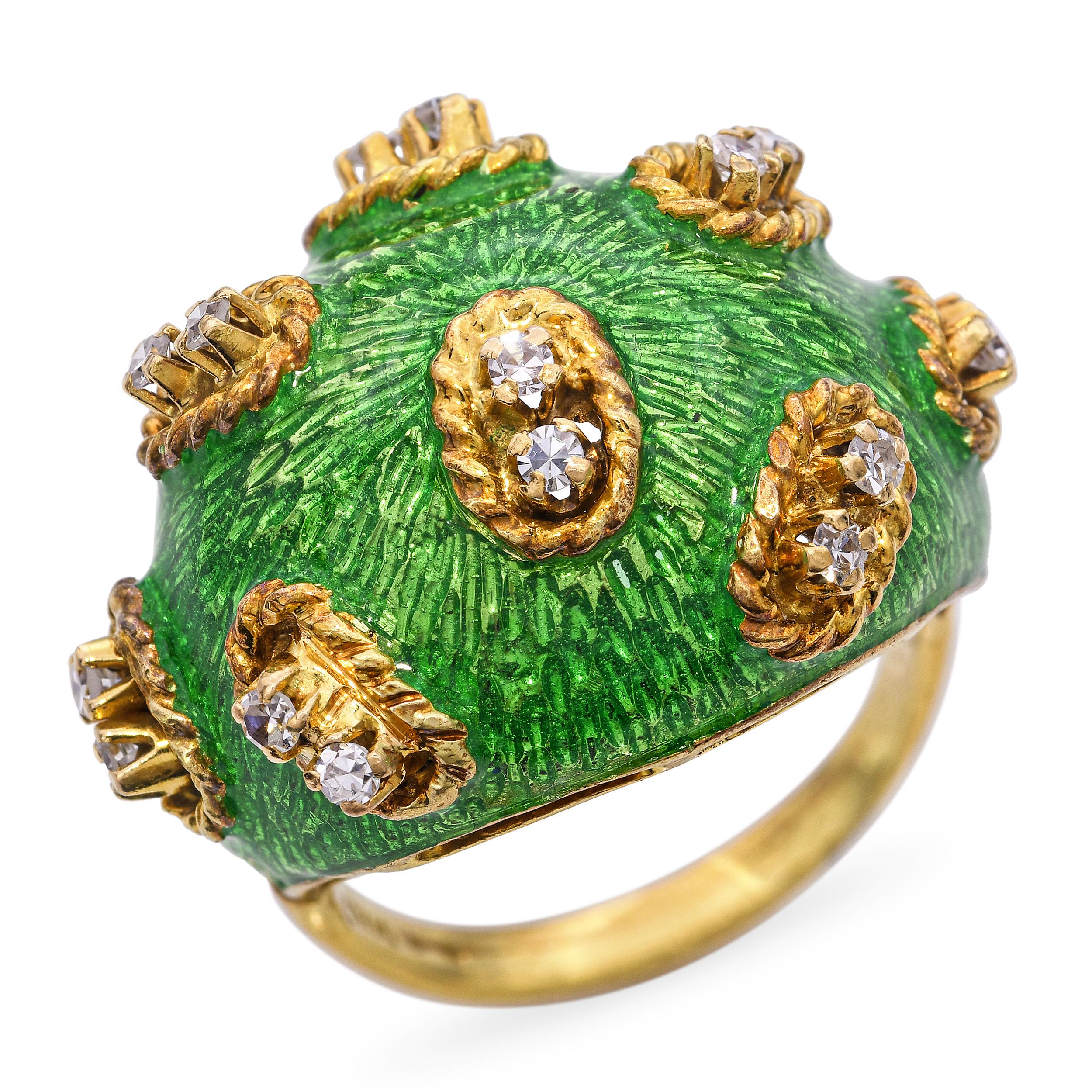 Vintage 18k Diamond and Guilloche Enamel Dome Ring