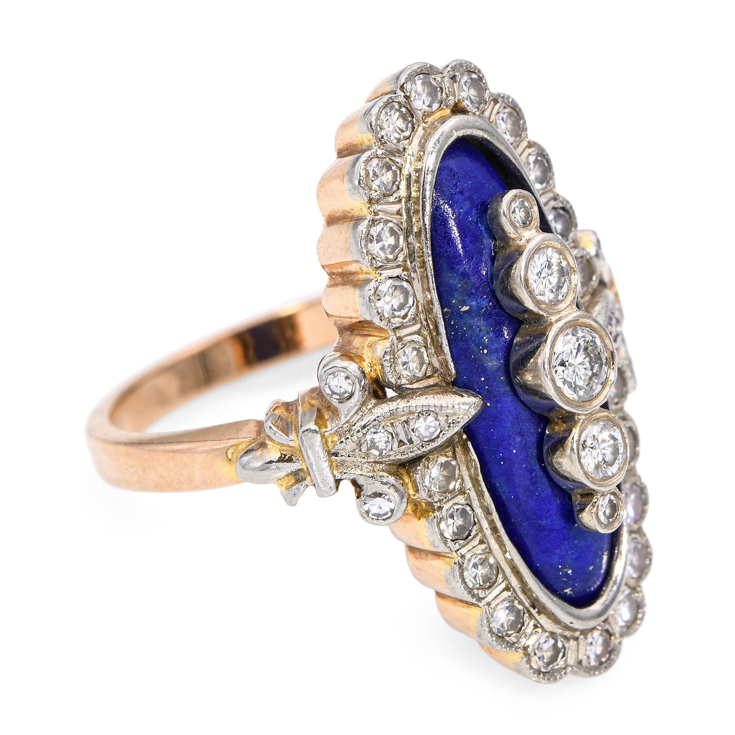 Vintage 14k Yellow Gold Lapis Lazuli and 1.35ctw Diamond Navette Ring
