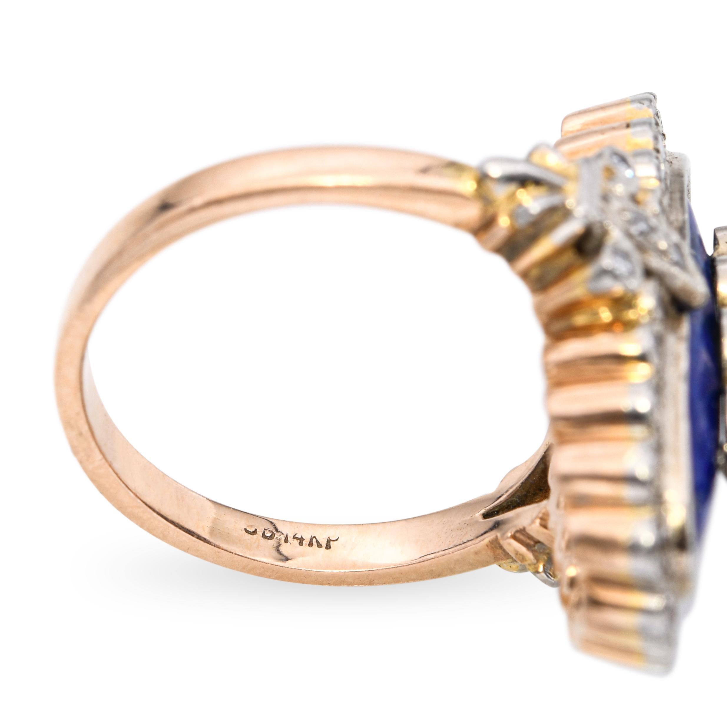 Vintage 14k Yellow Gold Lapis Lazuli and 1.35ctw Diamond Navette Ring
