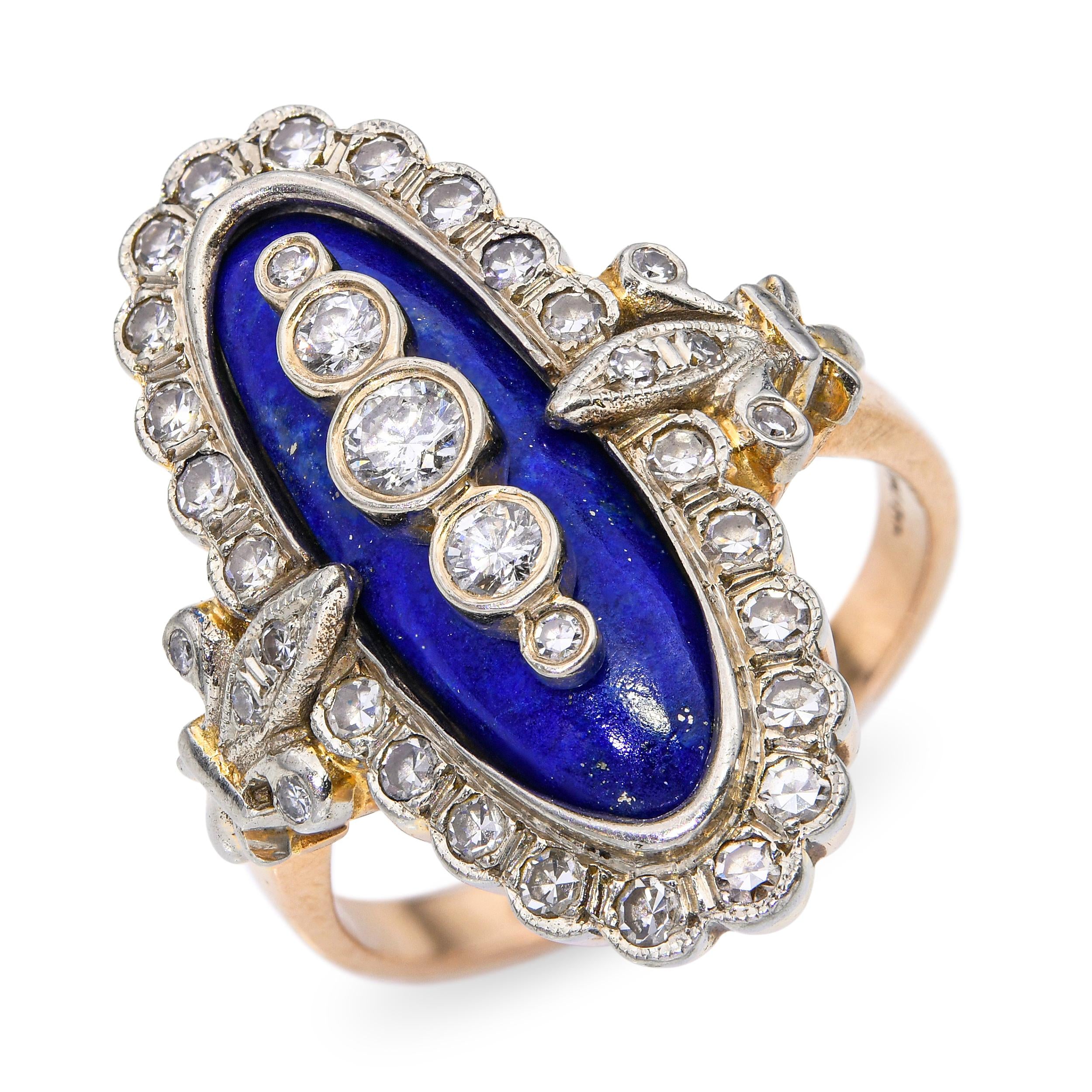 Vintage 14k Yellow Gold Lapis Lazuli and 1.35ctw Diamond Navette Ring