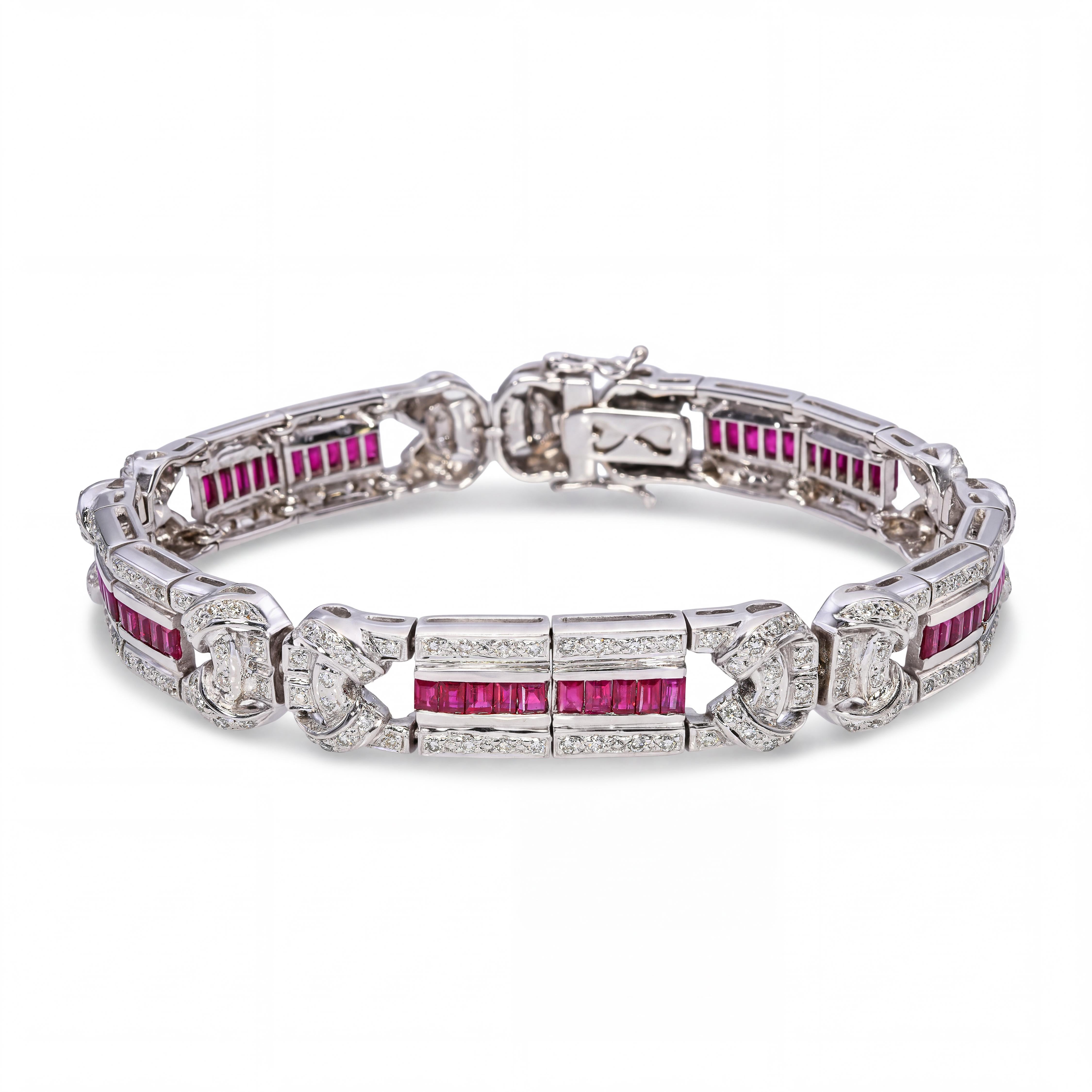 18k White Gold Art Deco Inspired Diamond & Ruby Link Bracelet