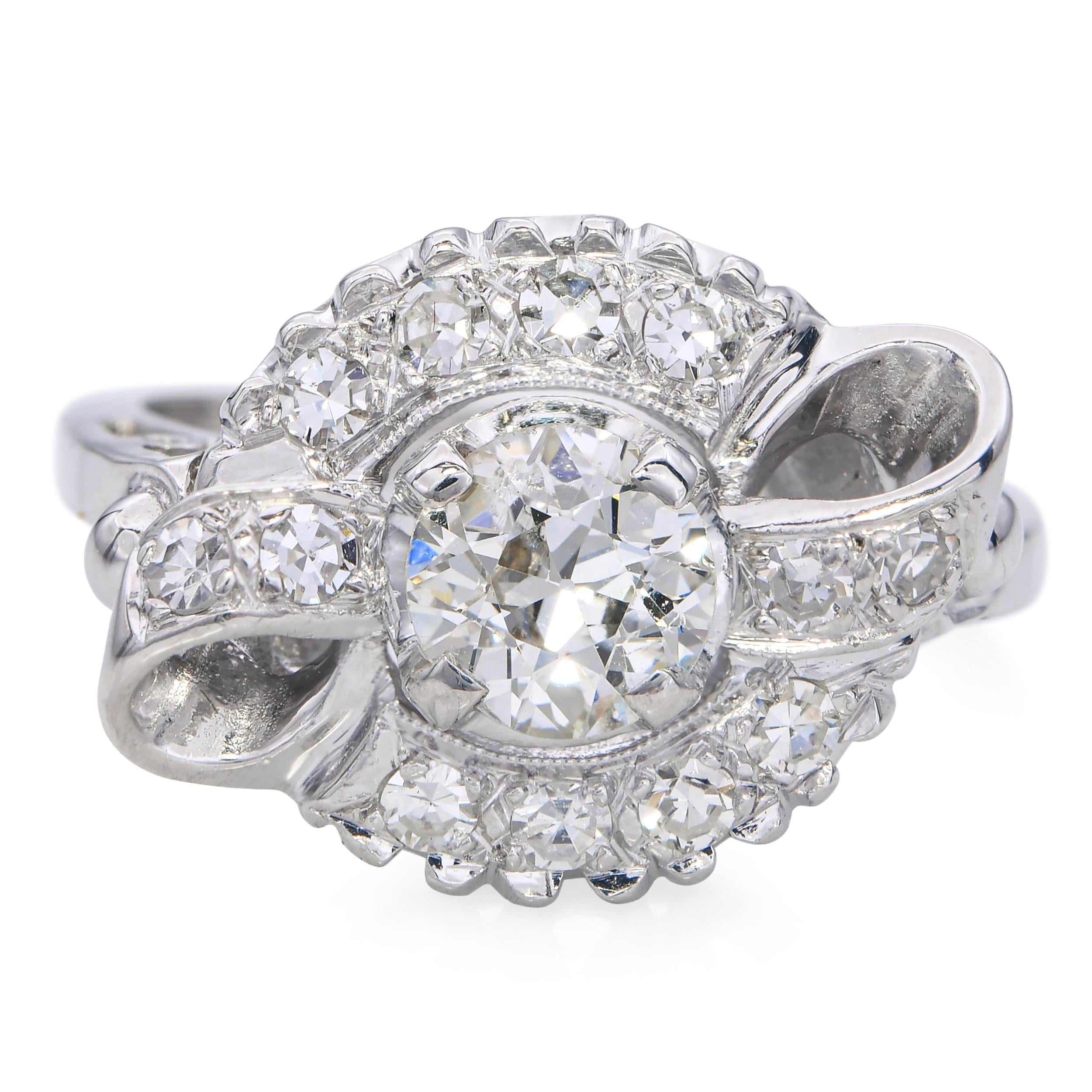 Vintage White Gold 1.26tcw Old Euro Cut Diamond Bow Ring