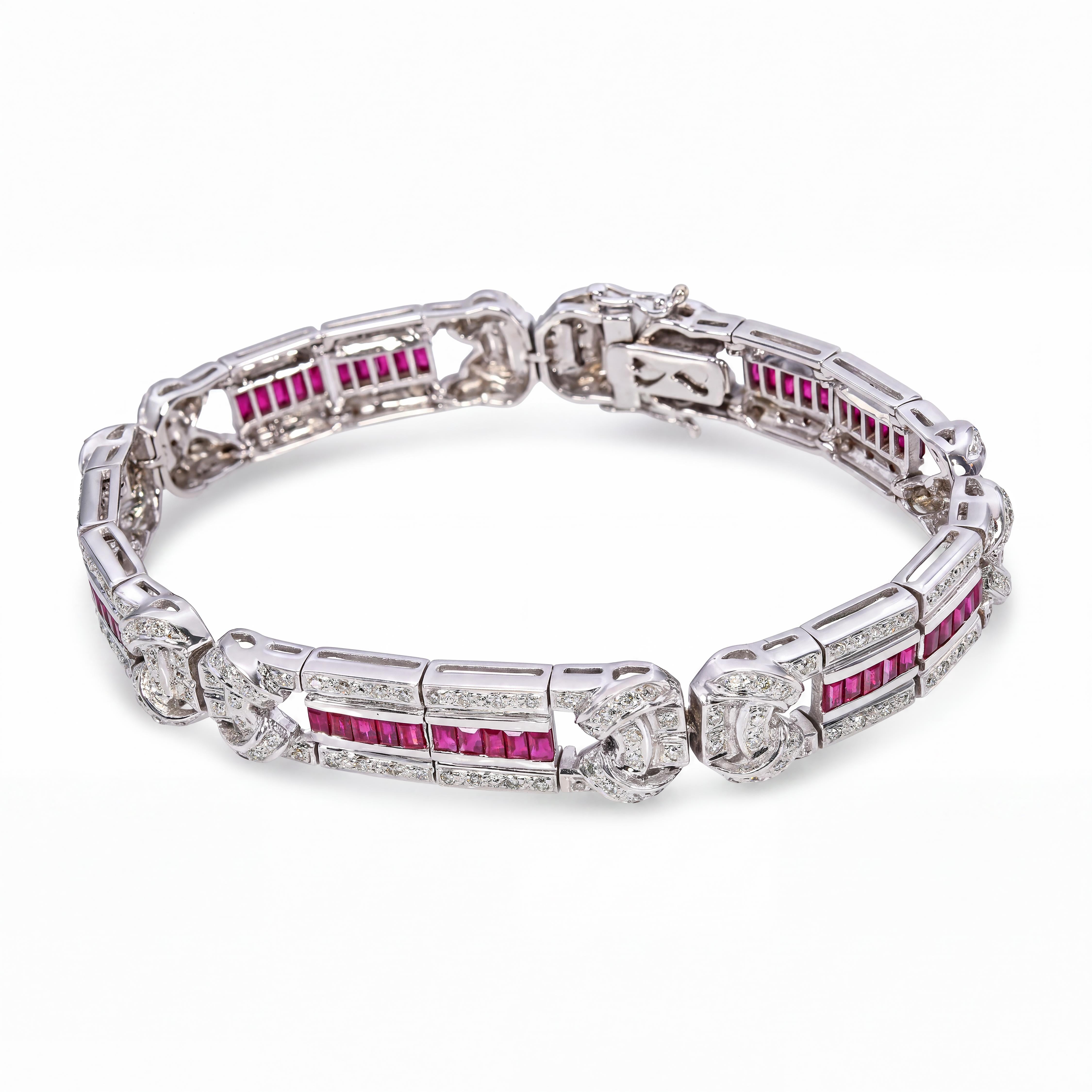 18k White Gold Art Deco Inspired Diamond & Ruby Link Bracelet