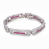 18k White Gold Art Deco Inspired Diamond & Ruby Link Bracelet