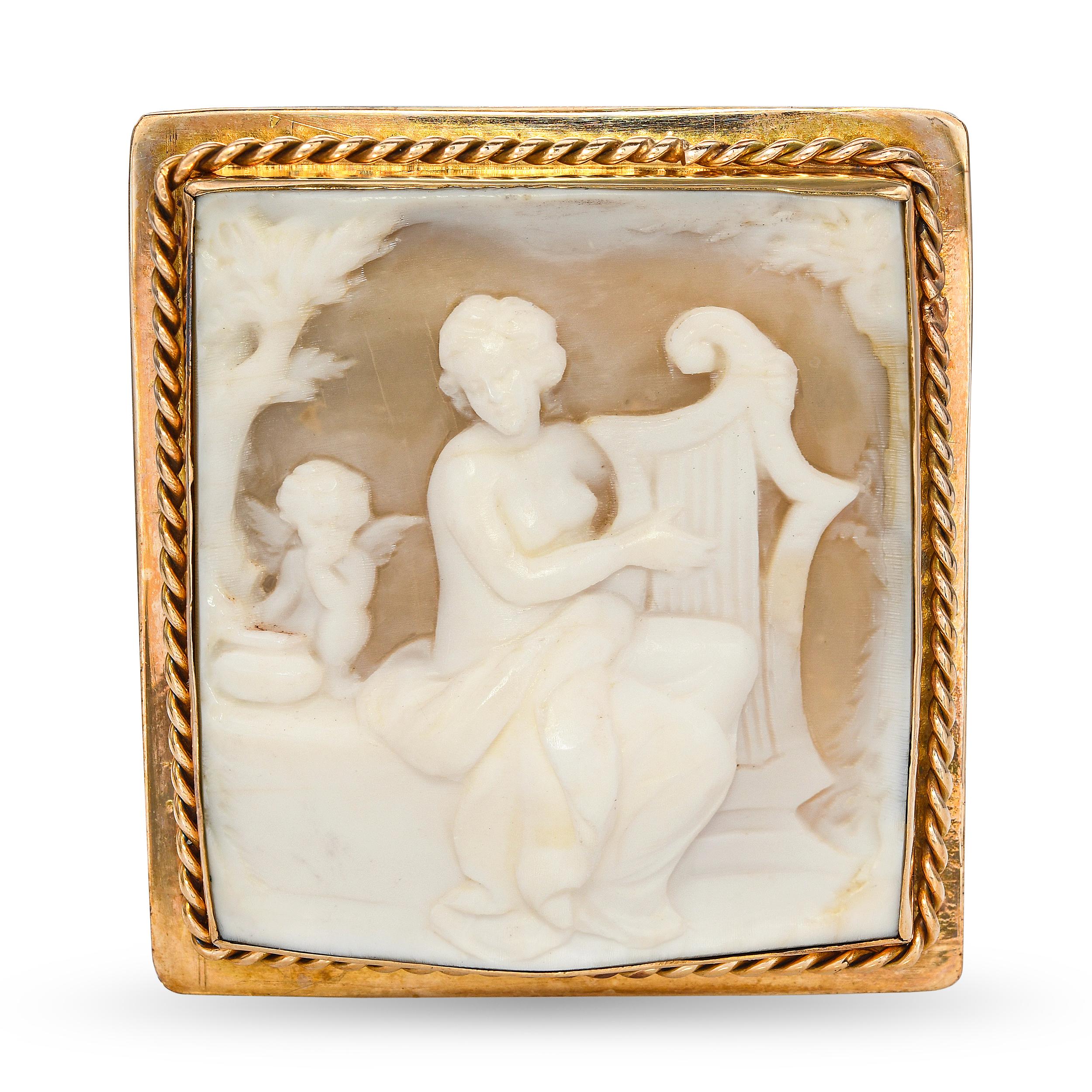 Vintage 10k Yellow Gold Harpist and Cherub Cameo Brooch