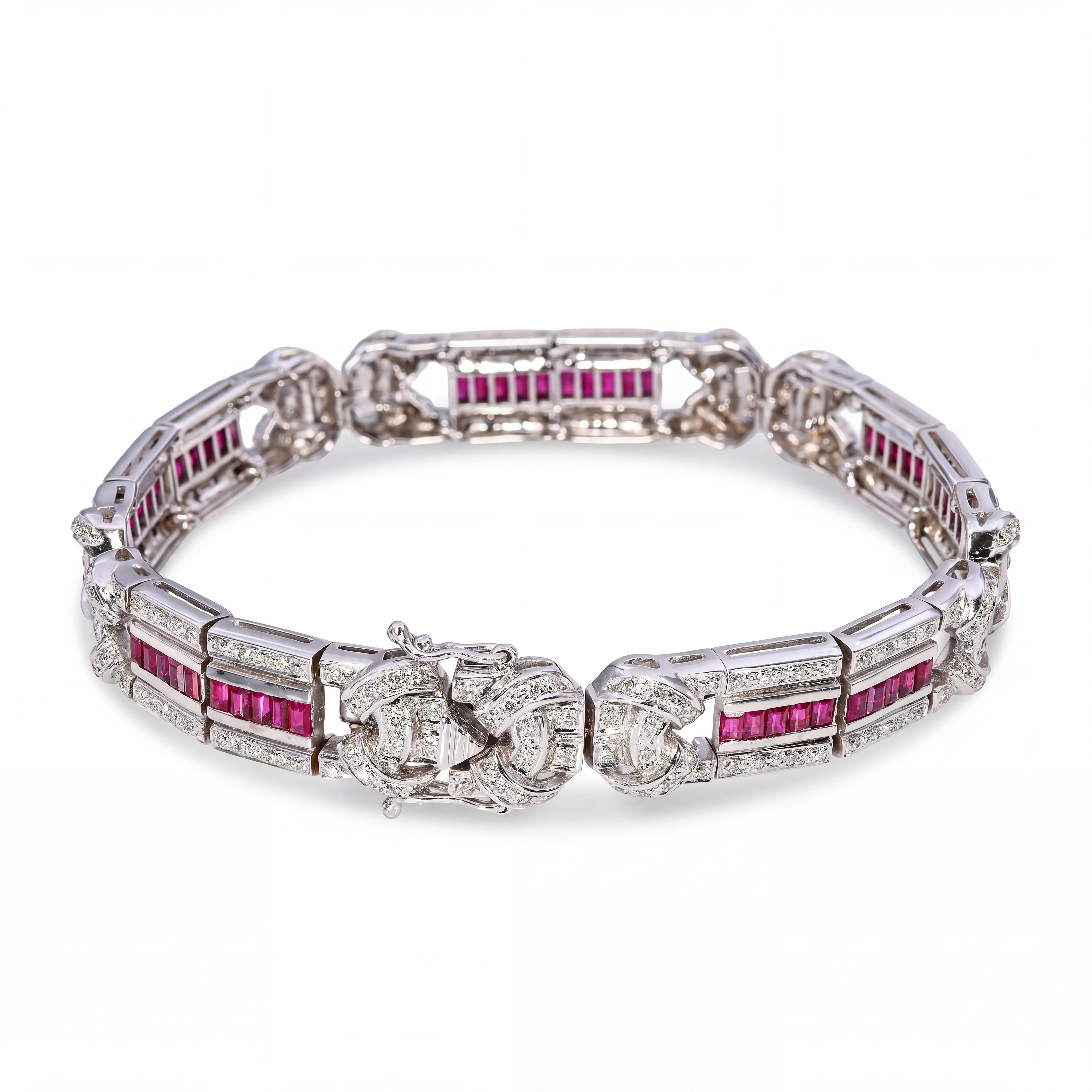 18k White Gold Art Deco Inspired Diamond & Ruby Link Bracelet