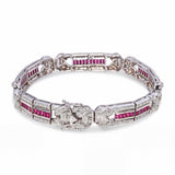 18k White Gold Art Deco Inspired Diamond & Ruby Link Bracelet