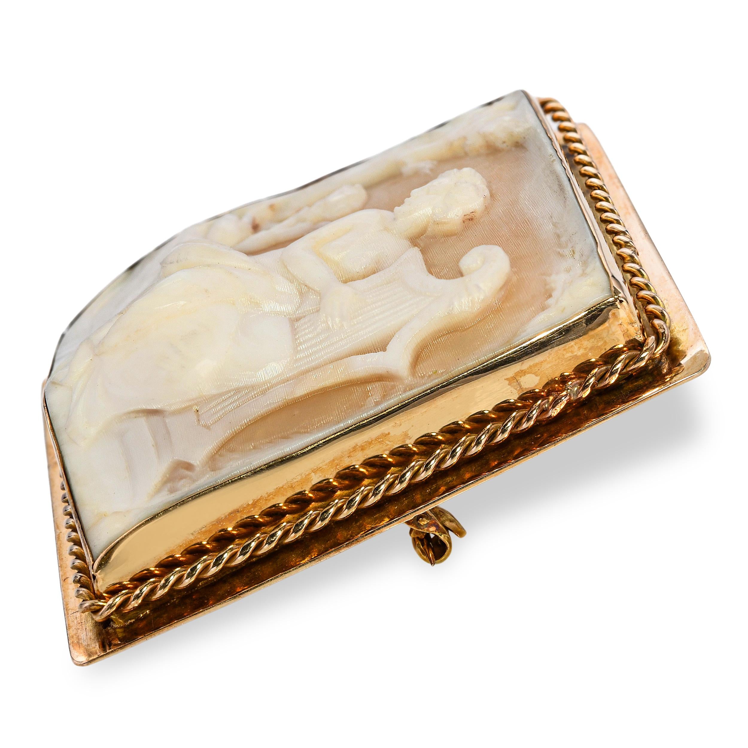 Vintage 10k Yellow Gold Harpist and Cherub Cameo Brooch