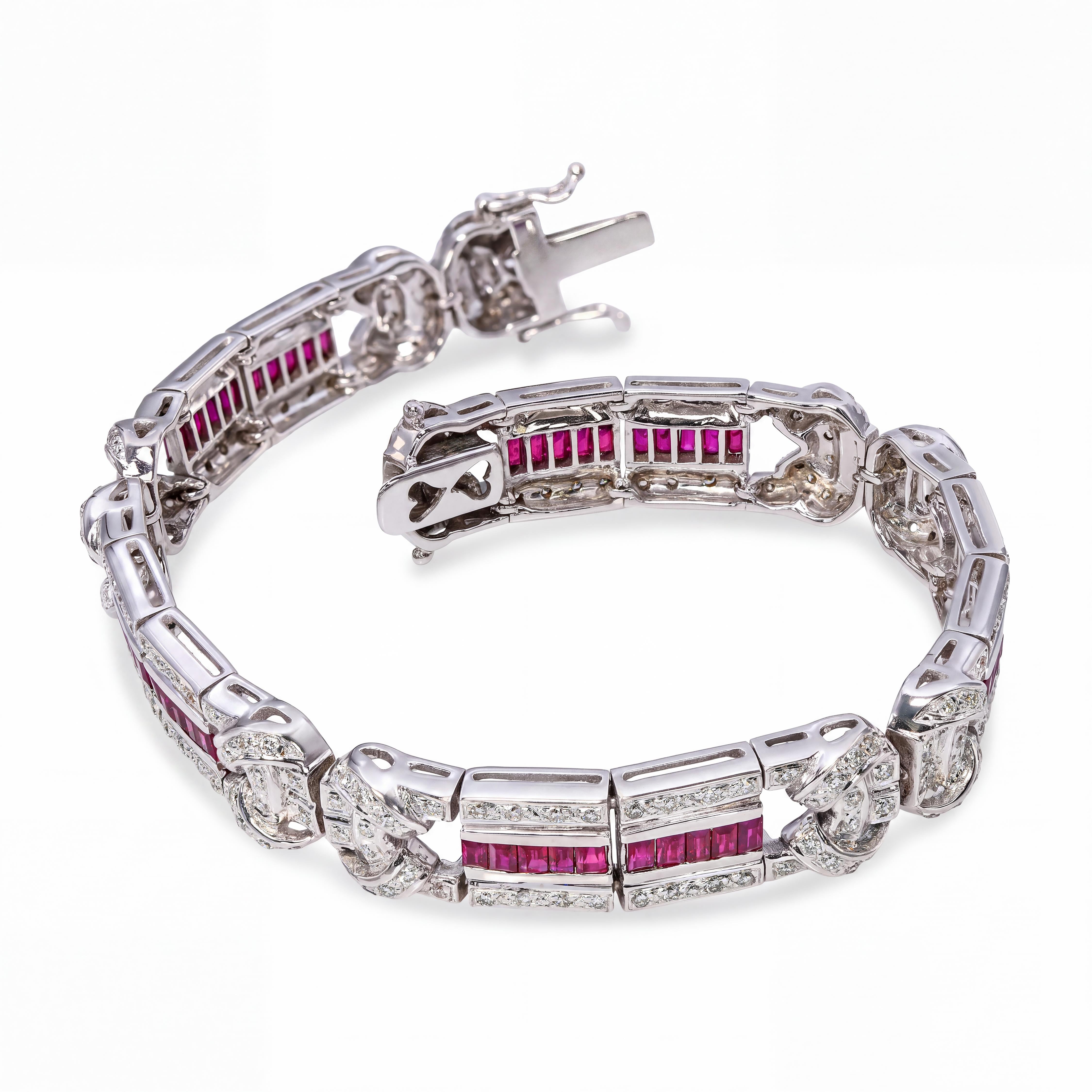 18k White Gold Art Deco Inspired Diamond & Ruby Link Bracelet