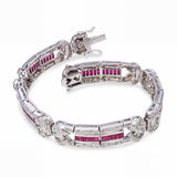 18k White Gold Art Deco Inspired Diamond & Ruby Link Bracelet