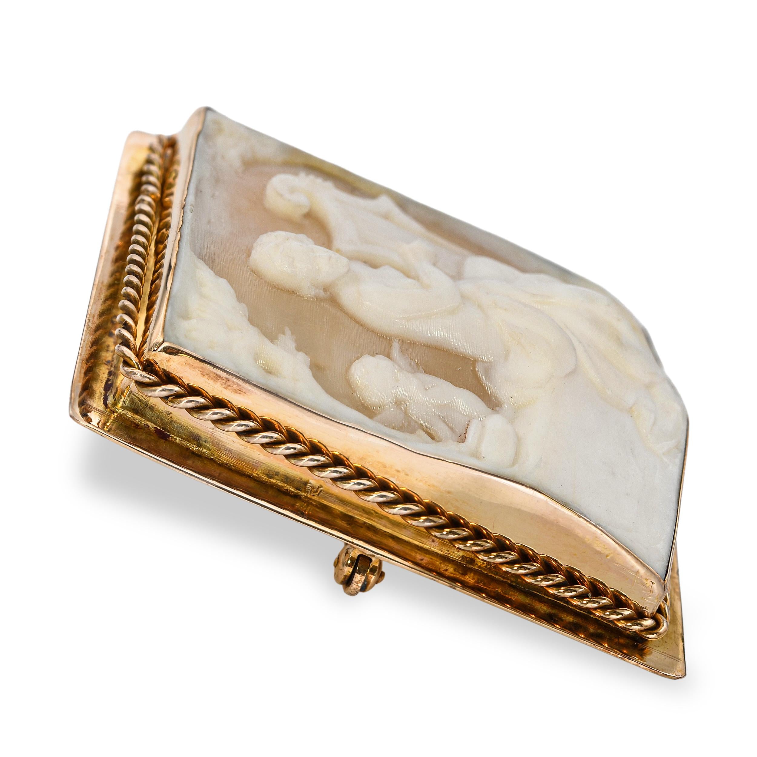 Vintage 10k Yellow Gold Harpist and Cherub Cameo Brooch