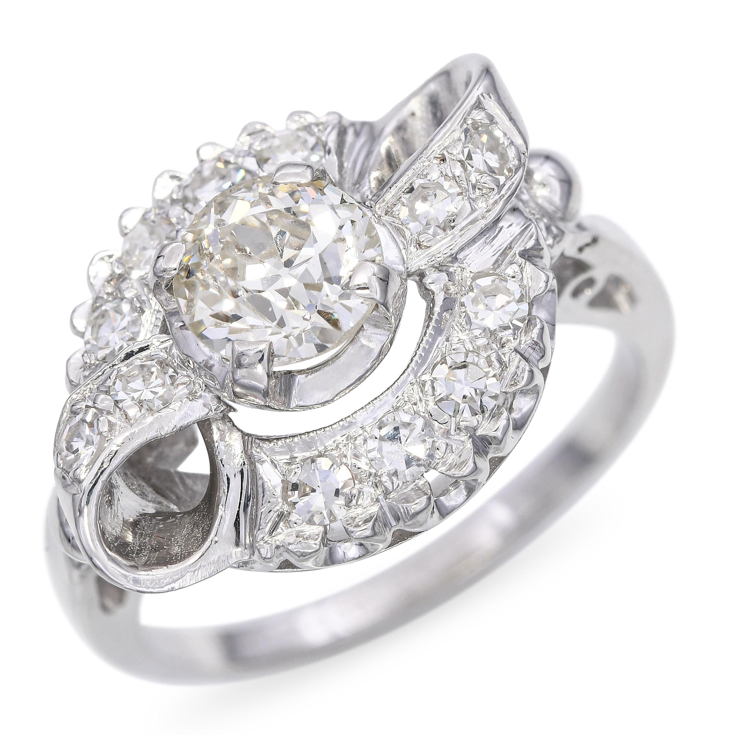 Vintage White Gold 1.26tcw Old Euro Cut Diamond Bow Ring