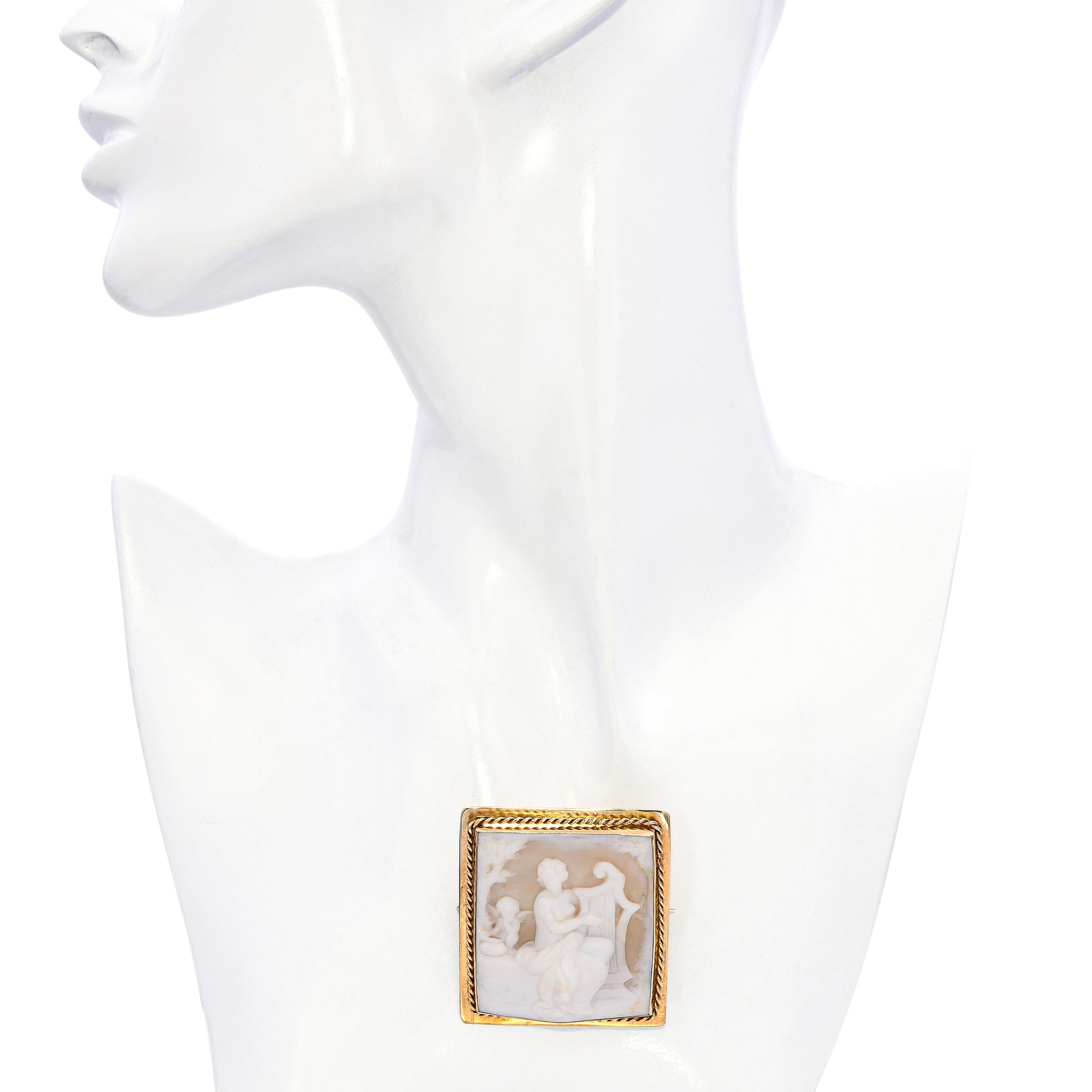Vintage 10k Yellow Gold Harpist and Cherub Cameo Brooch