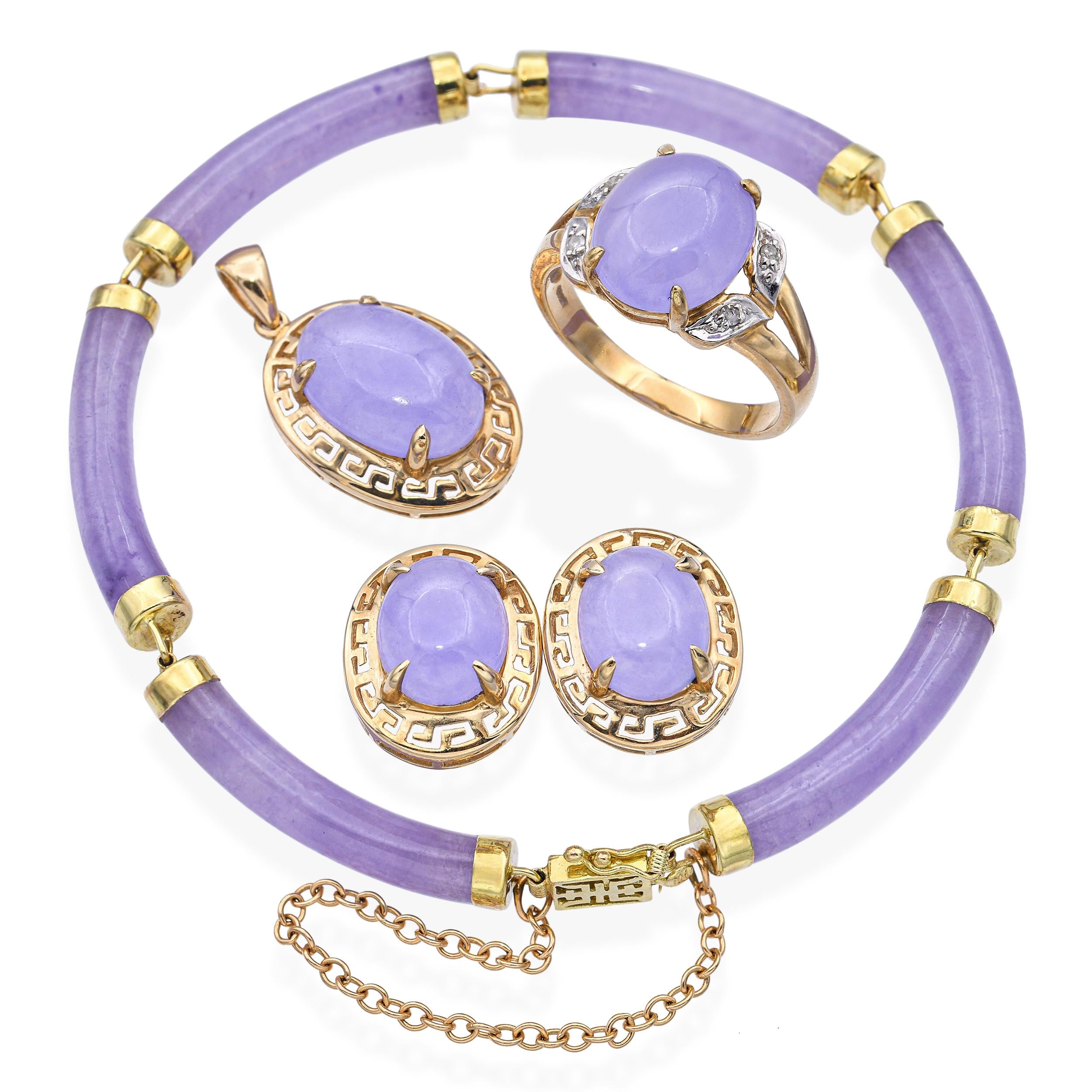 Vintage 10k and 14K Yellow Gold Lavender Jade Jewelry Set
