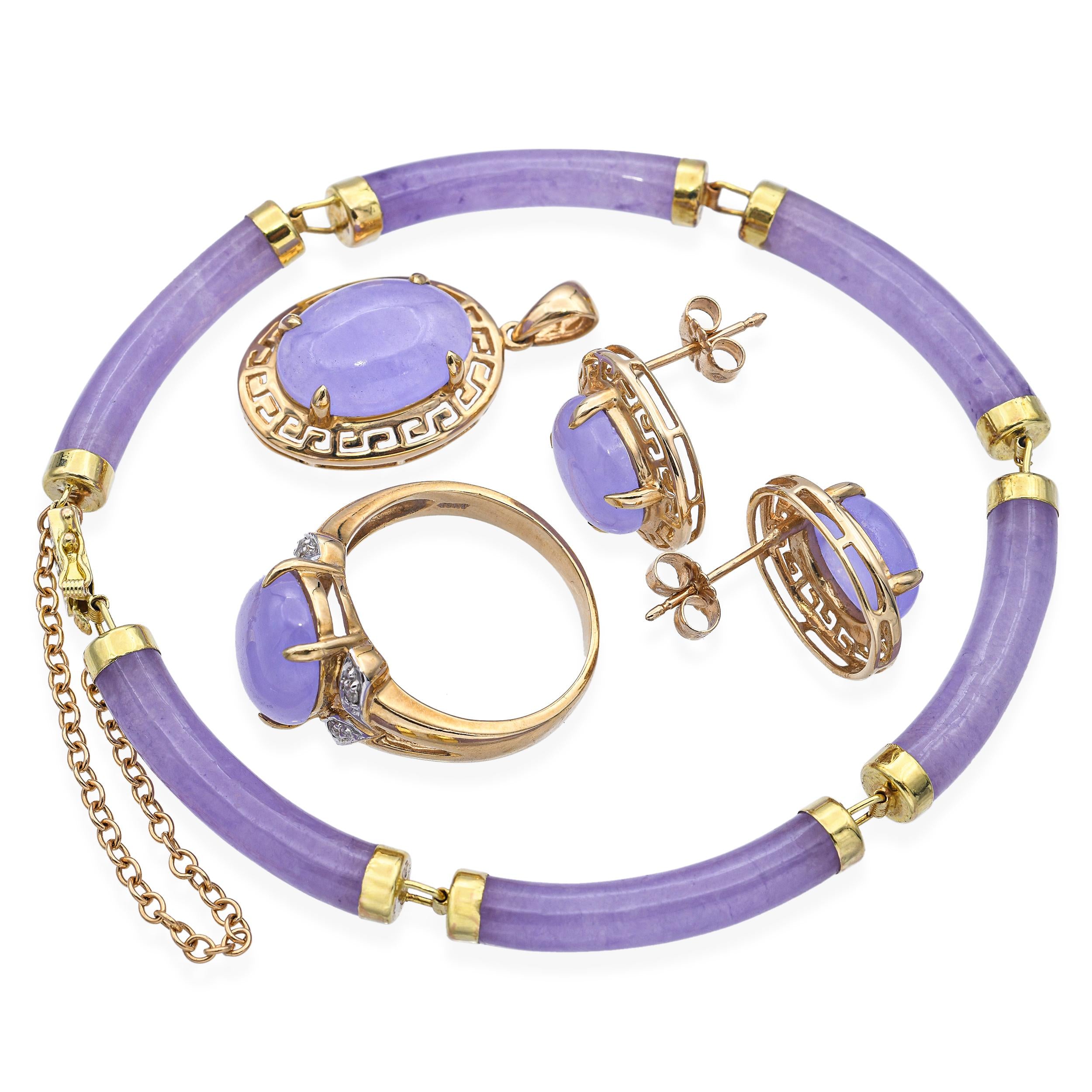 Vintage 10k and 14K Yellow Gold Lavender Jade Jewelry Set
