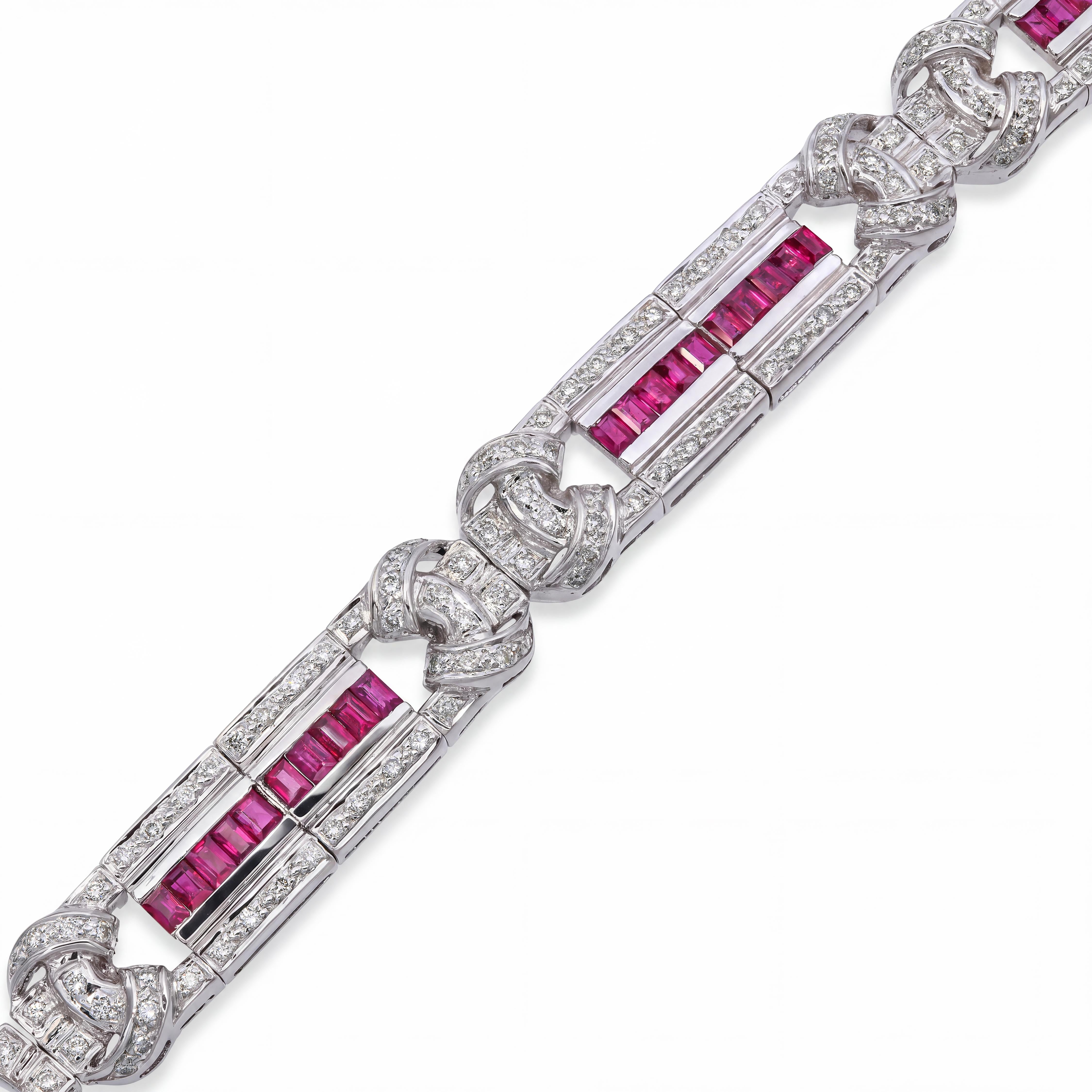 18k White Gold Art Deco Inspired Diamond & Ruby Link Bracelet