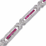 18k White Gold Art Deco Inspired Diamond & Ruby Link Bracelet