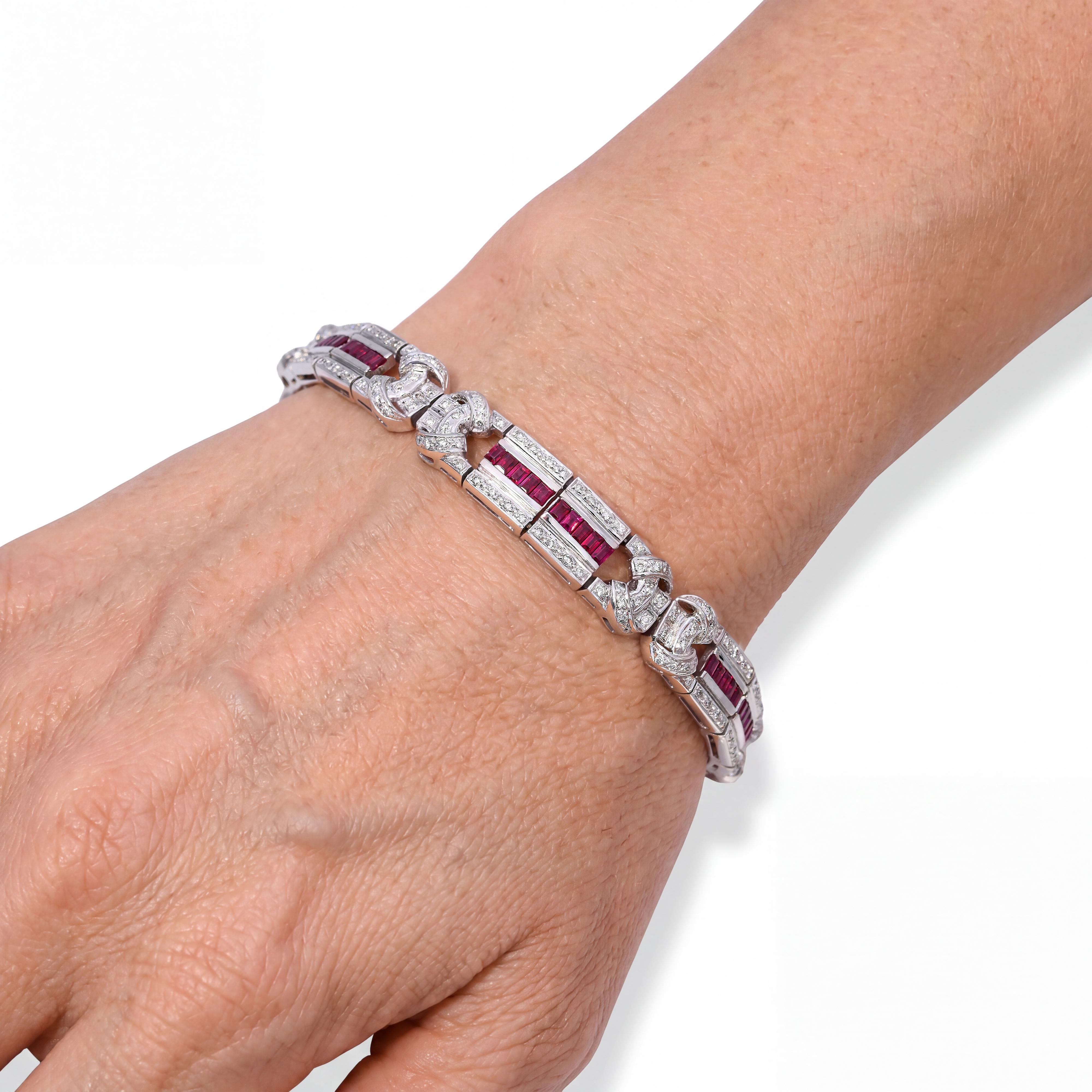 18k White Gold Art Deco Inspired Diamond & Ruby Link Bracelet