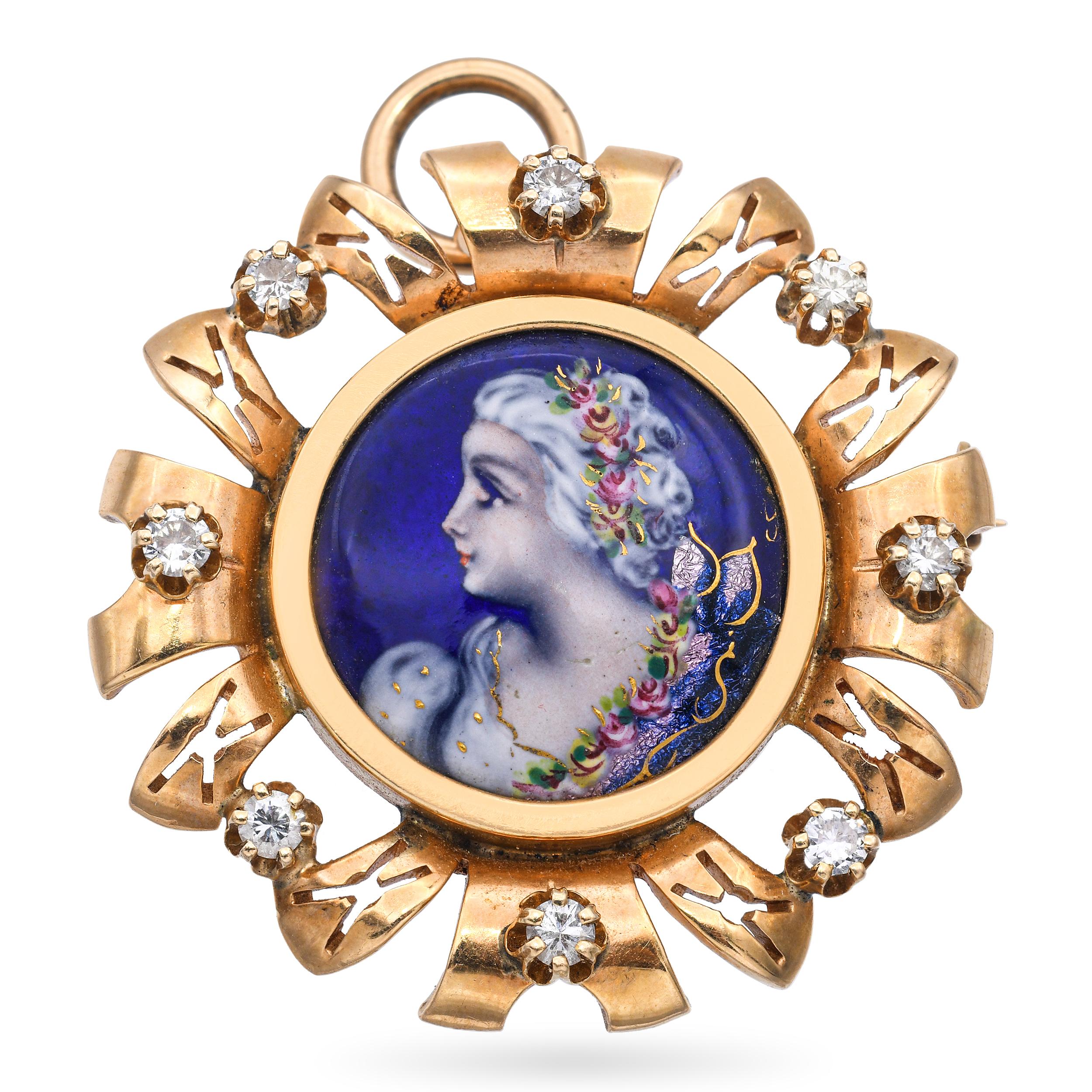 Antique 14k Yellow Gold French Portrait of Women Diamond Brooch Pendant