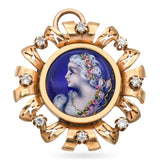 Antique 14k Yellow Gold French Portrait of Women Diamond Brooch Pendant