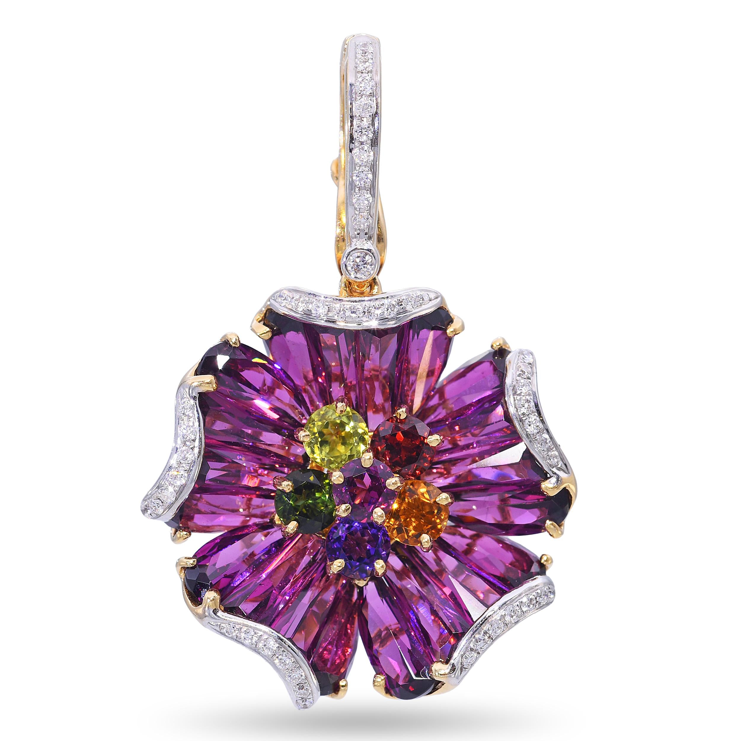 Bellarri 18k Yellow Gold Mademoiselle Flower Rhodolite & Diamond Pendant