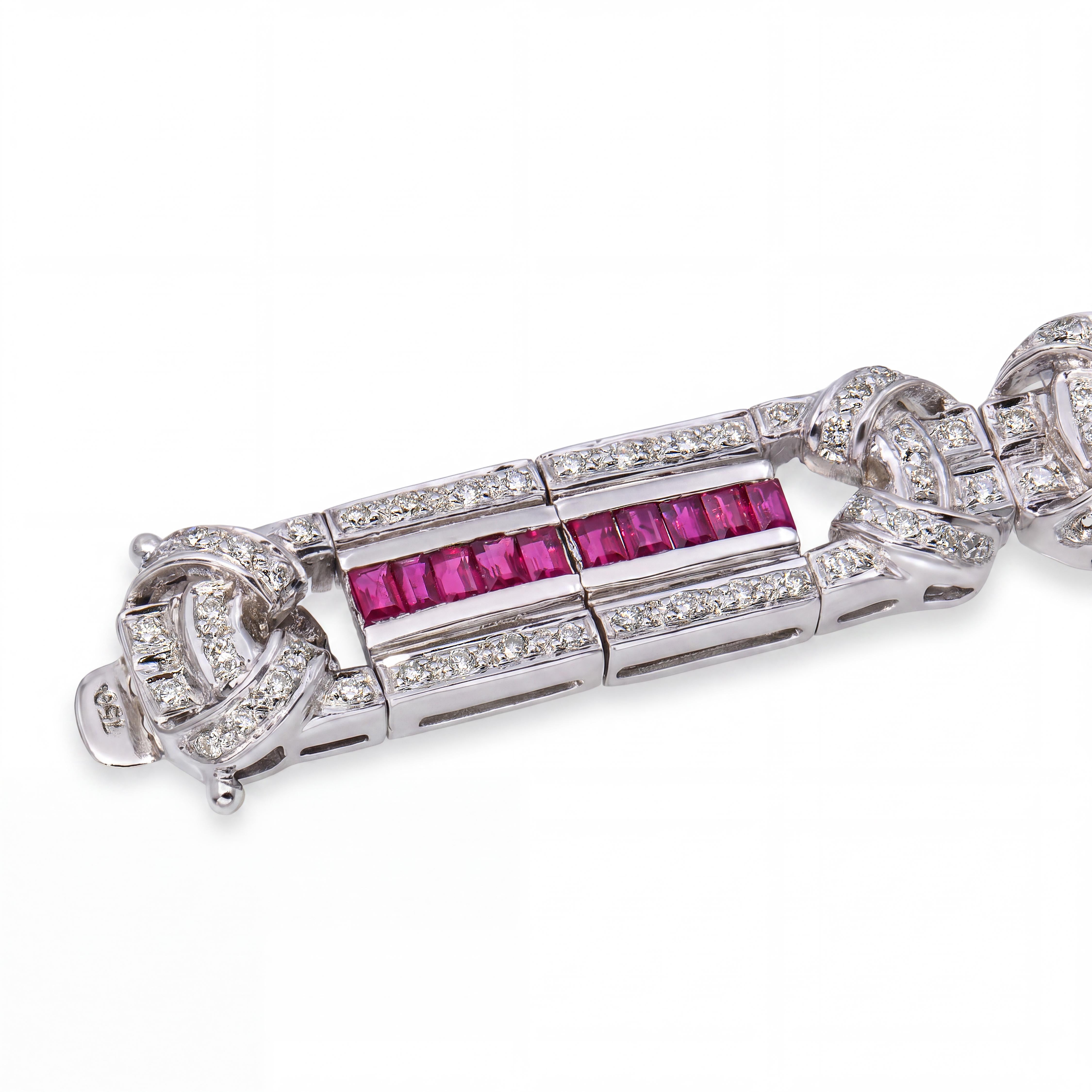 18k White Gold Art Deco Inspired Diamond & Ruby Link Bracelet