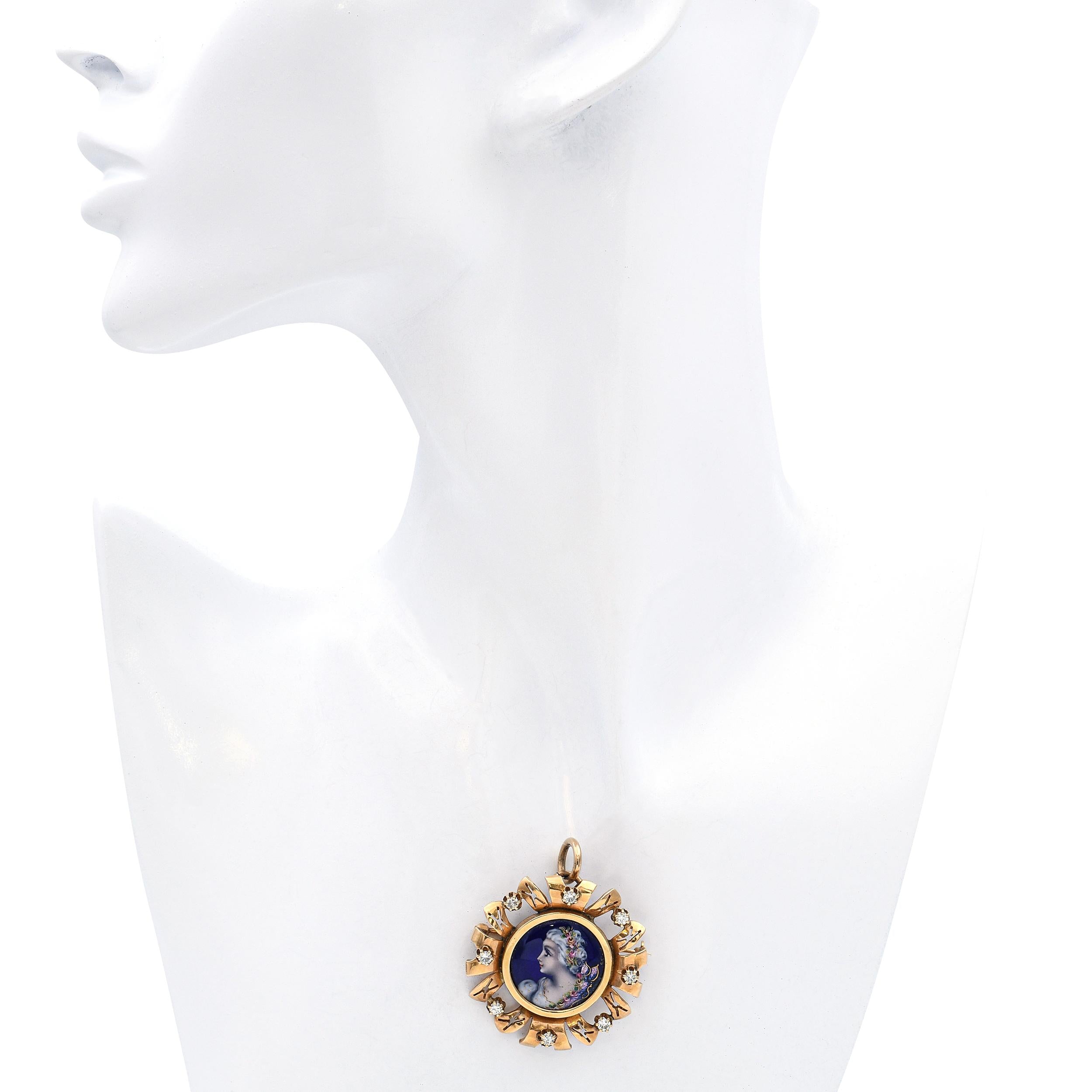 Antique 14k Yellow Gold French Portrait of Women Diamond Brooch Pendant