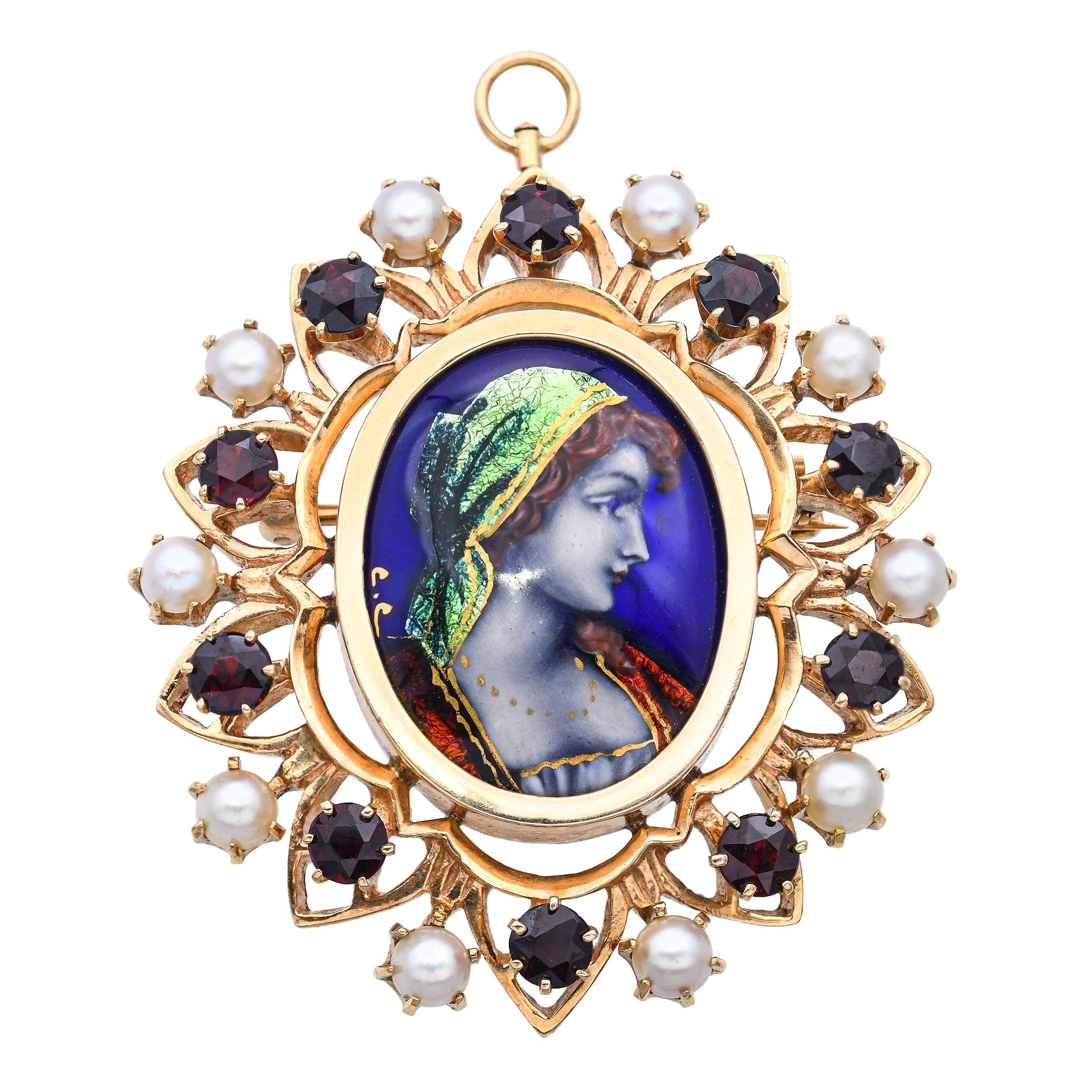 Antique 14k Yellow Gold French Portrait of Women Garnet and Pearl Brooch Pendant
