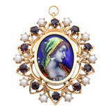 Antique 14k Yellow Gold French Portrait of Women Garnet and Pearl Brooch Pendant