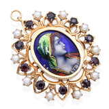 Antique 14k Yellow Gold French Portrait of Women Garnet and Pearl Brooch Pendant