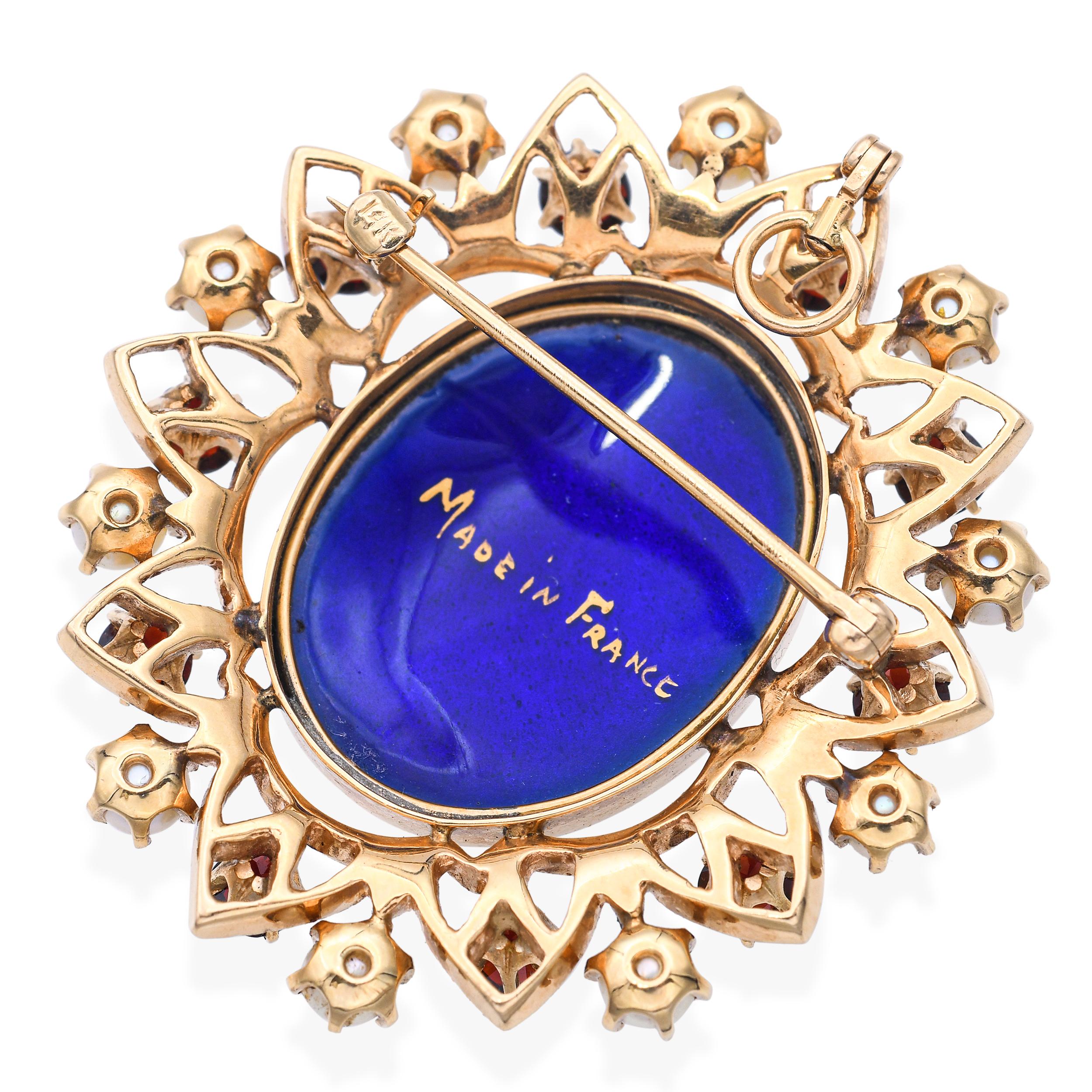 Antique 14k Yellow Gold French Portrait of Women Garnet and Pearl Brooch Pendant