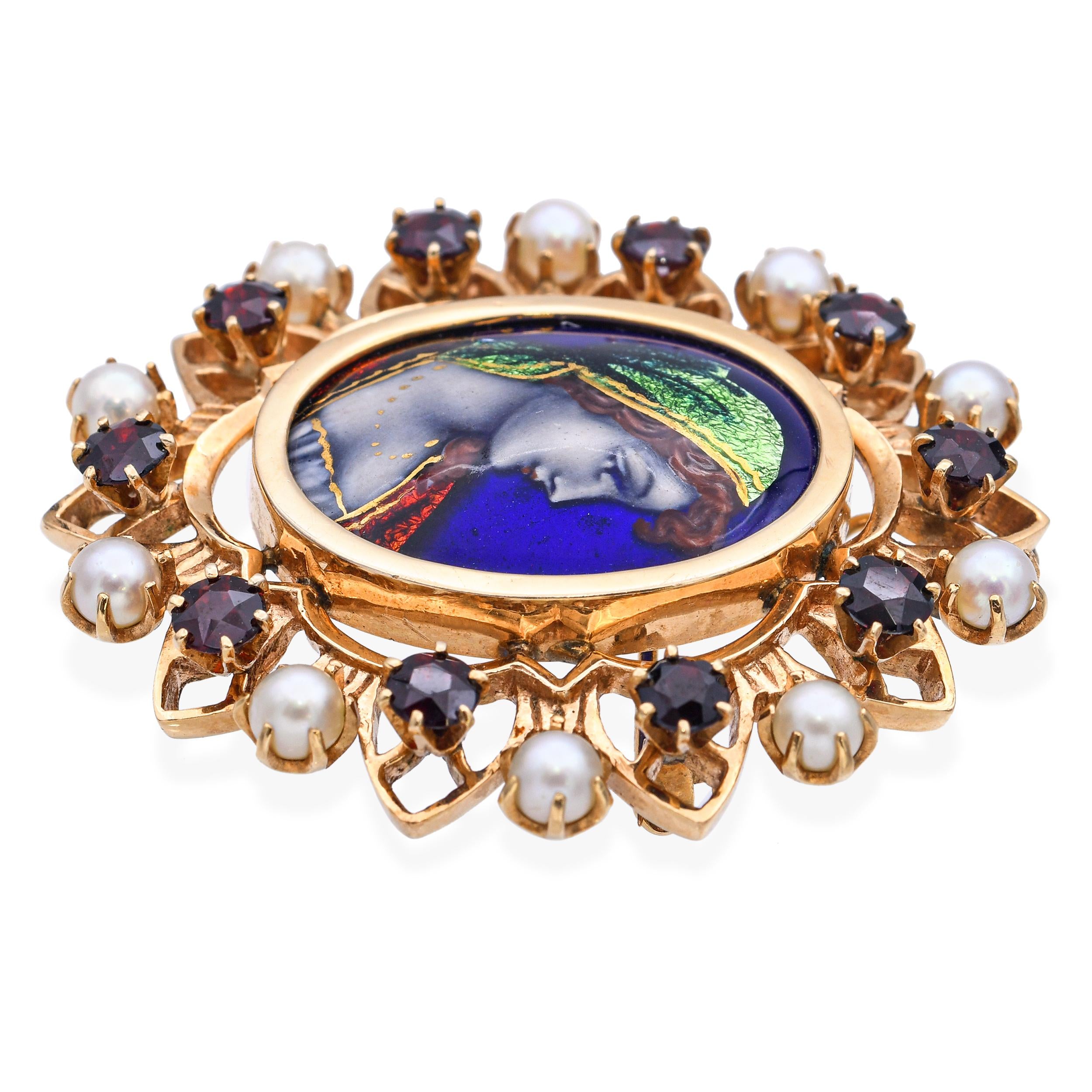 Antique 14k Yellow Gold French Portrait of Women Garnet and Pearl Brooch Pendant
