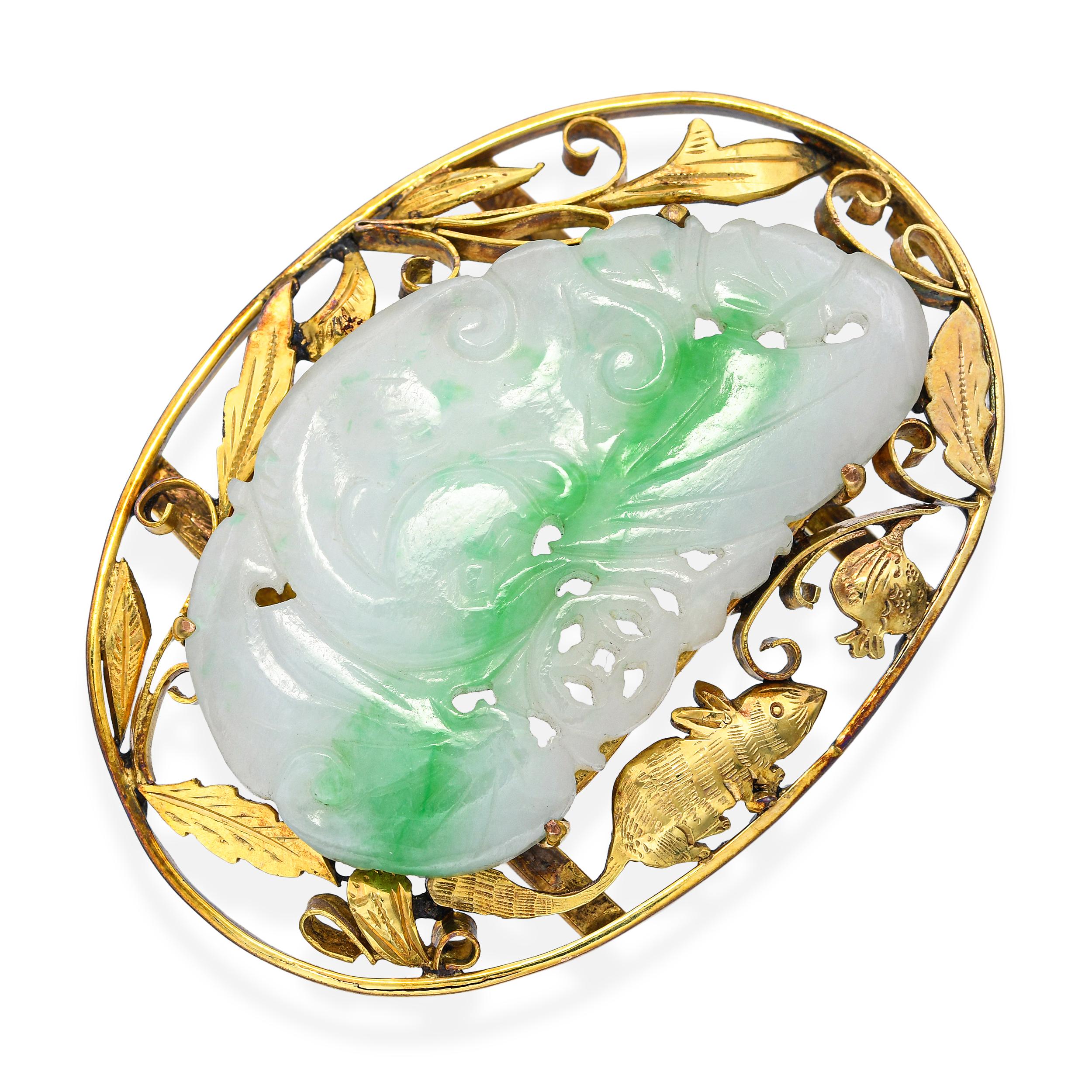 Vintage Yellow Gold Carved Moss in Snow Jade Forest Scene Slide Pendant