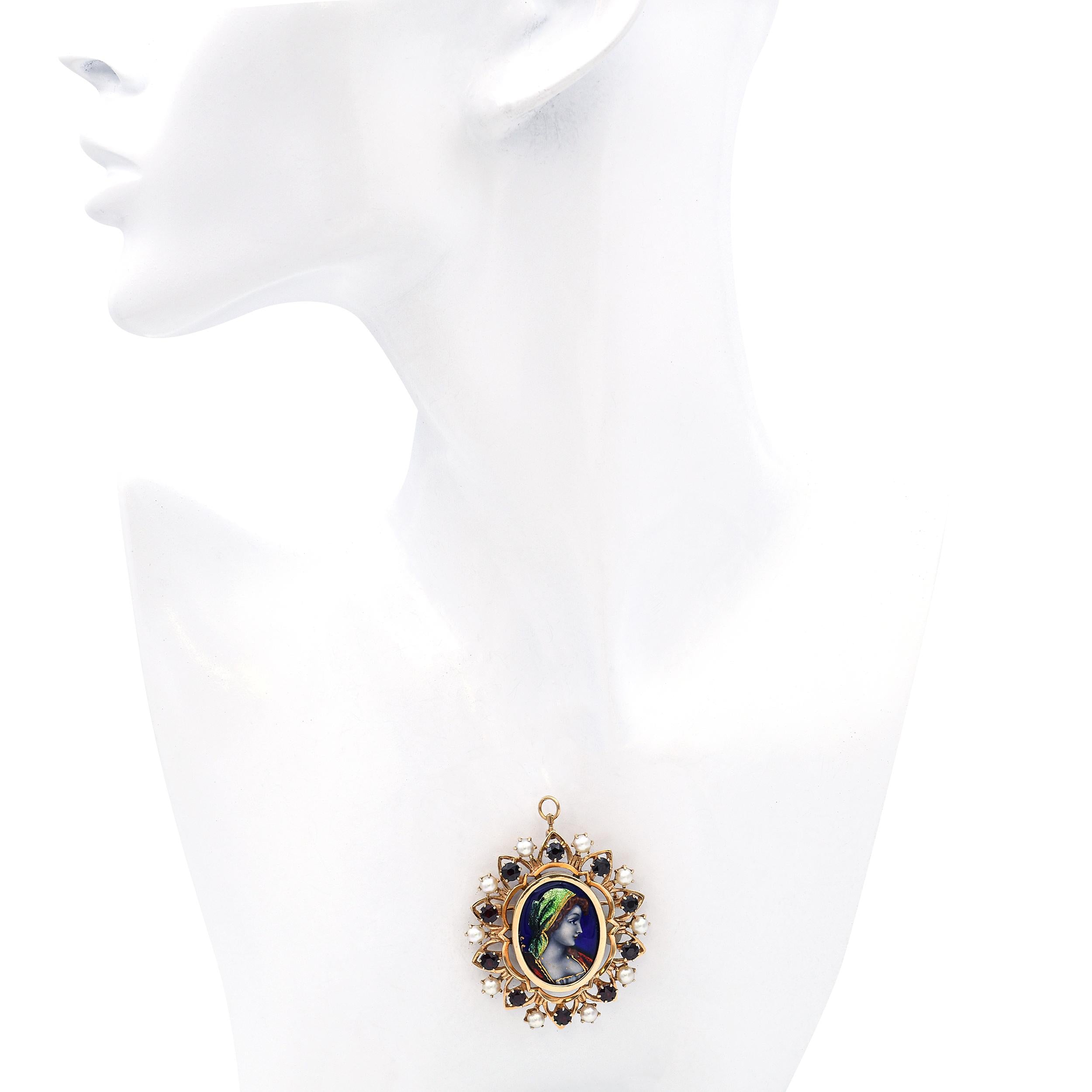 Antique 14k Yellow Gold French Portrait of Women Garnet and Pearl Brooch Pendant