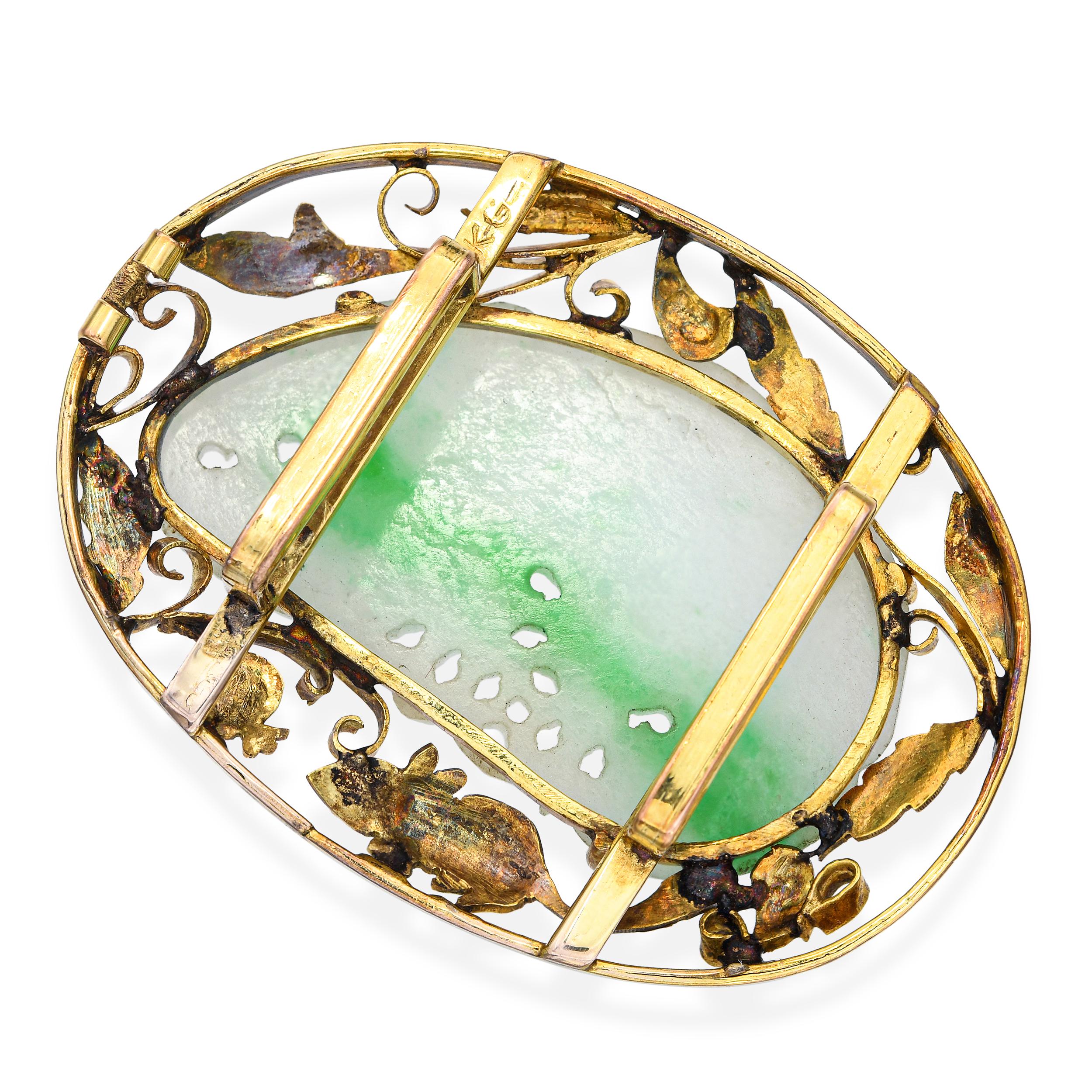 Vintage Yellow Gold Carved Moss in Snow Jade Forest Scene Slide Pendant